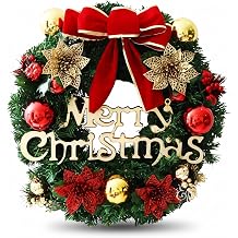 Christmas Wreaths for Front Door, 30cm Artificial Christmas Door Wreath with Holly Leaves, Red Bow, Baubles & Merry Christmas Sign, Indoor Outdoor Xmas Decoration for Front Door, Wall, Window