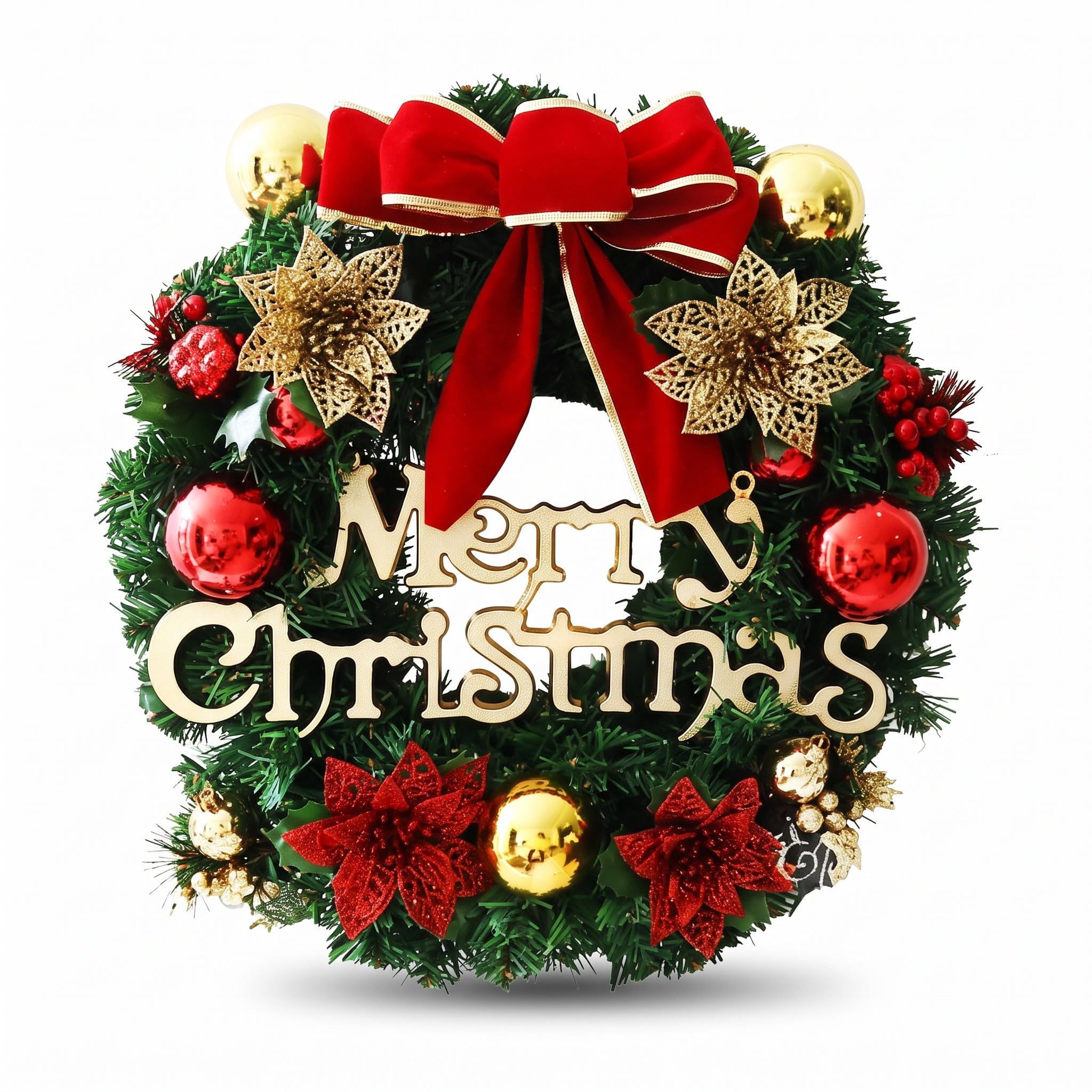 Christmas Wreaths for Front Door, 30cm Artificial Christmas Door Wreath with Holly Leaves, Red Bow, Baubles & Merry Christmas Sign, Indoor Outdoor Xmas Decoration for Front Door, Wall, Window