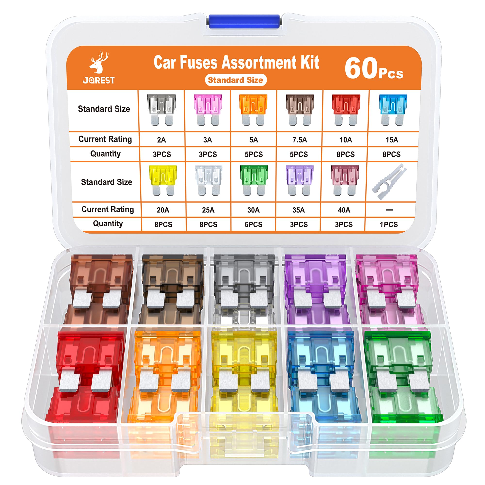 JOREST 60pc Car Fuse Kit - Replacement Fuses Assortment - Standard Blade for Car/RV/Truck/Motorcycle + Auto Fuse Puller