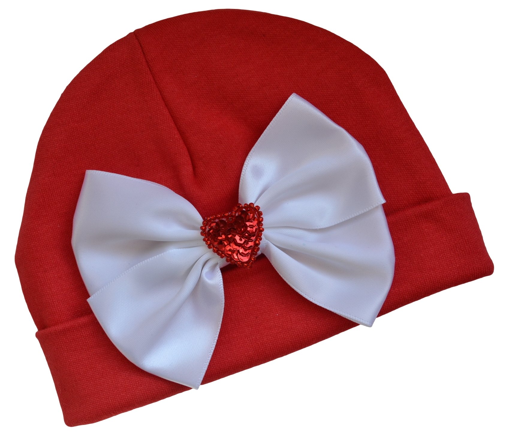 Valentines Day Satin Bow Cotton Baby Hat by Funny Girl Designs (Red Hat with White Bow)