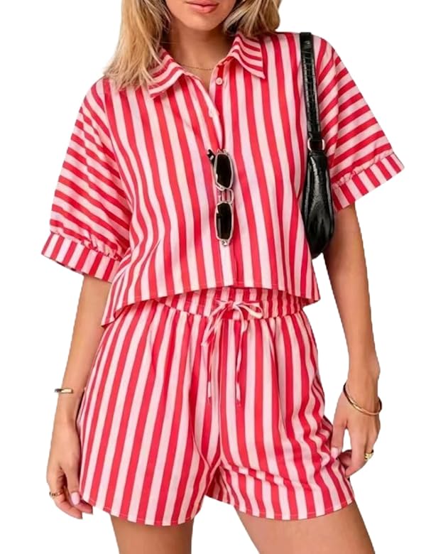 Dapoola Womens 2 Piece Striped Set Short Sleeve Lapel Button Shirts Drawstring Waist Shorts Oversized Lounge Outfits(0058-Red-L) by Dapoola - Used condition - US$31.53