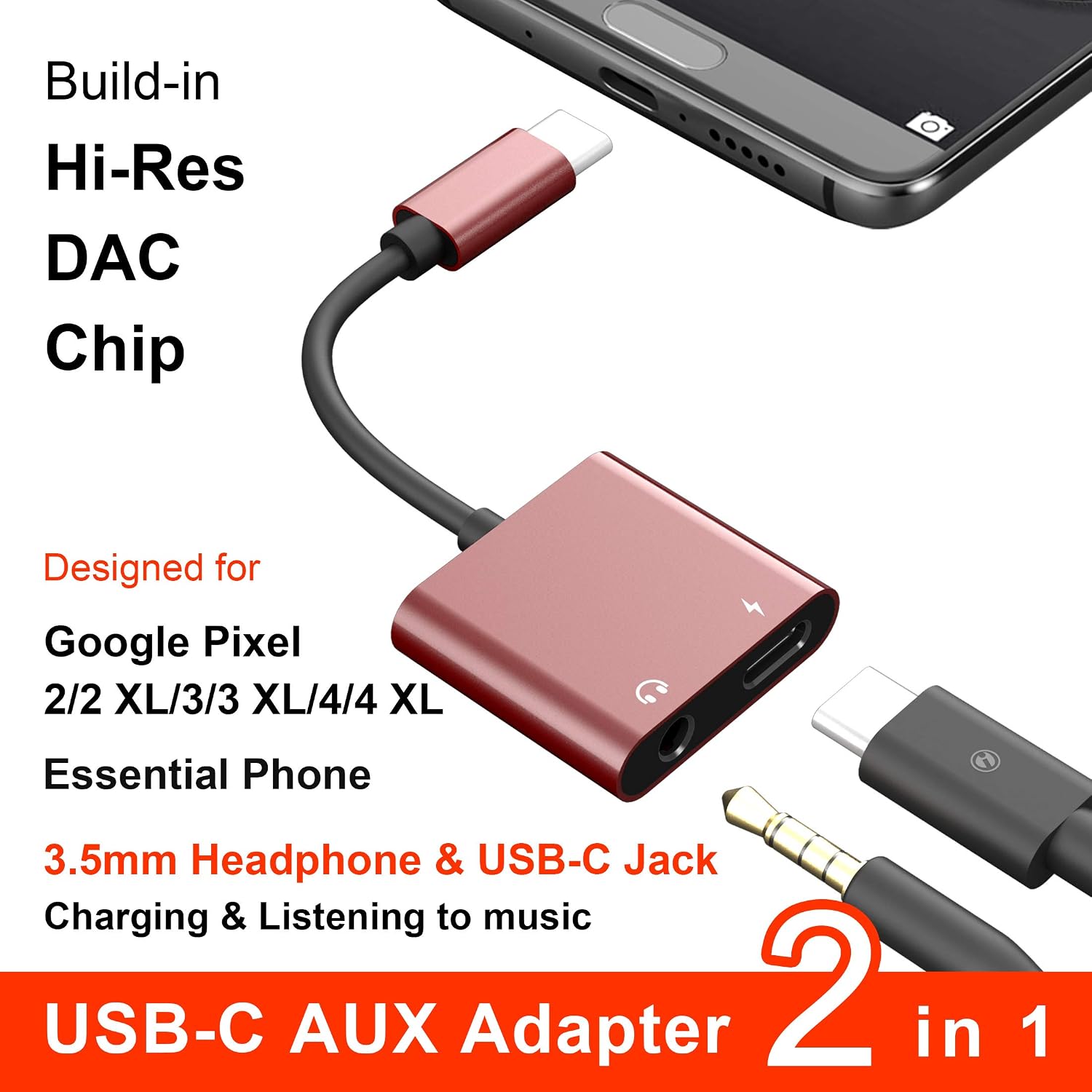 ivoros USB C to 3.5mm Headphone & Charge Adapter, Type C Audio Jack Earphone Aux Converter,Design for Samsung Galaxy S21/S20/Ultra/Note 20/10+Plus,Google Pixel 5/4/3/2 XL,iPad Pro/Air 4/Mini 6-Red