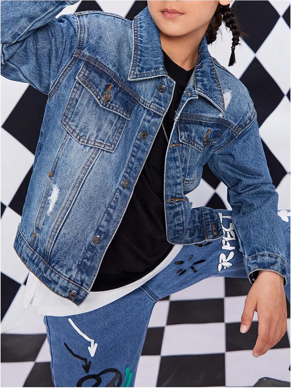 BEAUDRM Boy's Denim Jacket Ripped Long Sleeve Button Down Jeans Jacket with Pocket