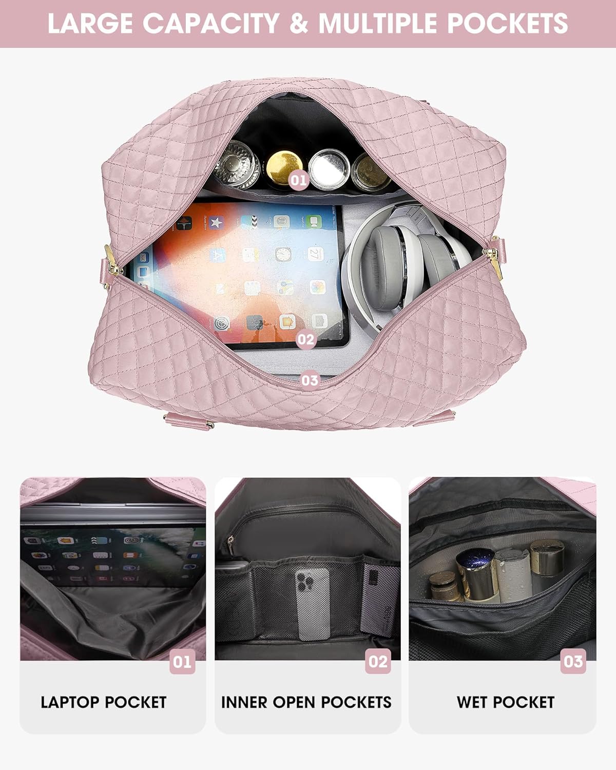 Travel Duffle Bag Weekender Bags: Pink Duffel Bag with Shoe Compartment Carry On Overnight Bag with Wet Pocket Yoga Gym Bags Hospital Bags for Labor and Delivery 3 Pcs Set - Image 2