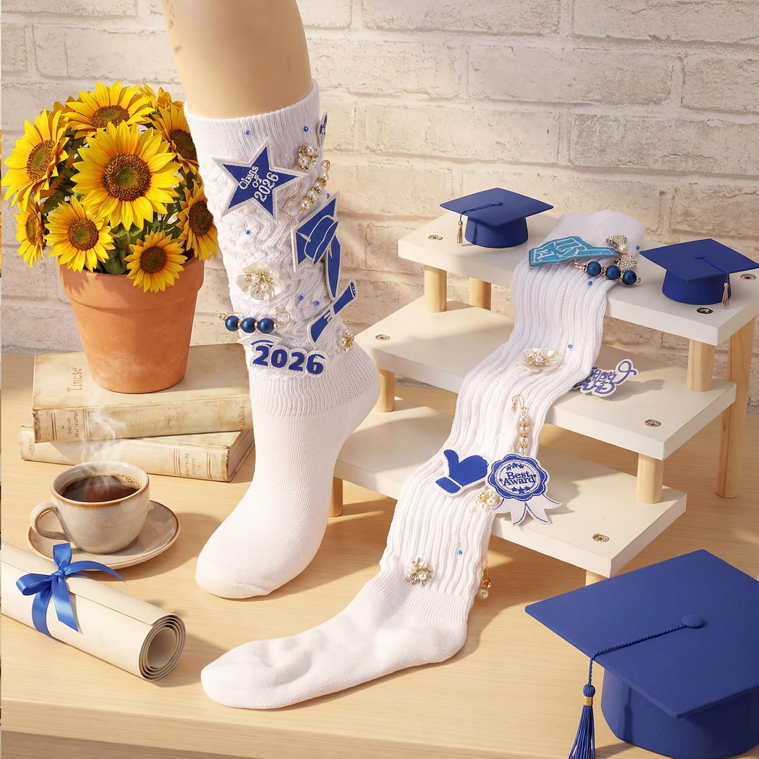 Tondiamo 234 Pcs 2026 Graduation Junk Sock Charm Bullk with Bee and Graduate Iron-on Patches, Bow Flower Pearl Pin Decor, Flatback Pearl, Safety Pin DIY Shoe Charm for Decorating Cloth(Blue White) image 5