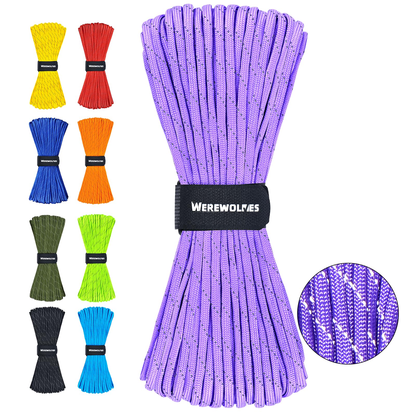 WEREWOLVES Reflective Paracord Rope 100FT, 7 Strand Type III Parachute Cord 4mm Thin Tent Rope for Outdoor Camping Hiking (Purple, 100FT)