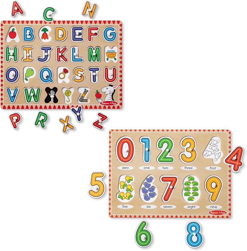 Wooden Lift & See Peg Puzzle Early Learning 2-Pack for Girls and Boys – Alphabet, Numbers