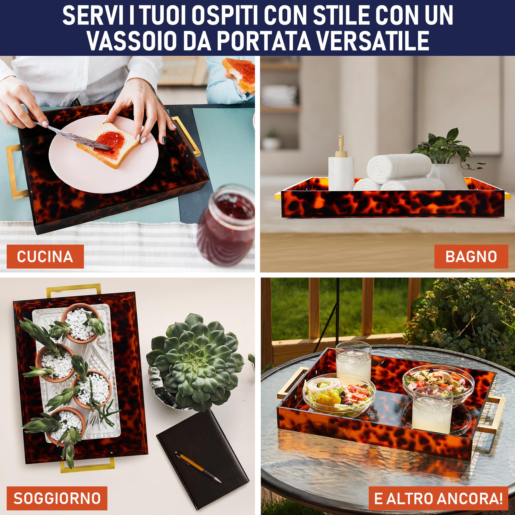 Vassoio da Portata in Acrilico con Manici Dorati, 40,6 x 30,5 cm, Vassoio Decorativo per Tavolino da Caffè, a Prova di Fuoriuscita, Cucina, Vanità, Piatto per Feste (Guscio di Tartaruga)