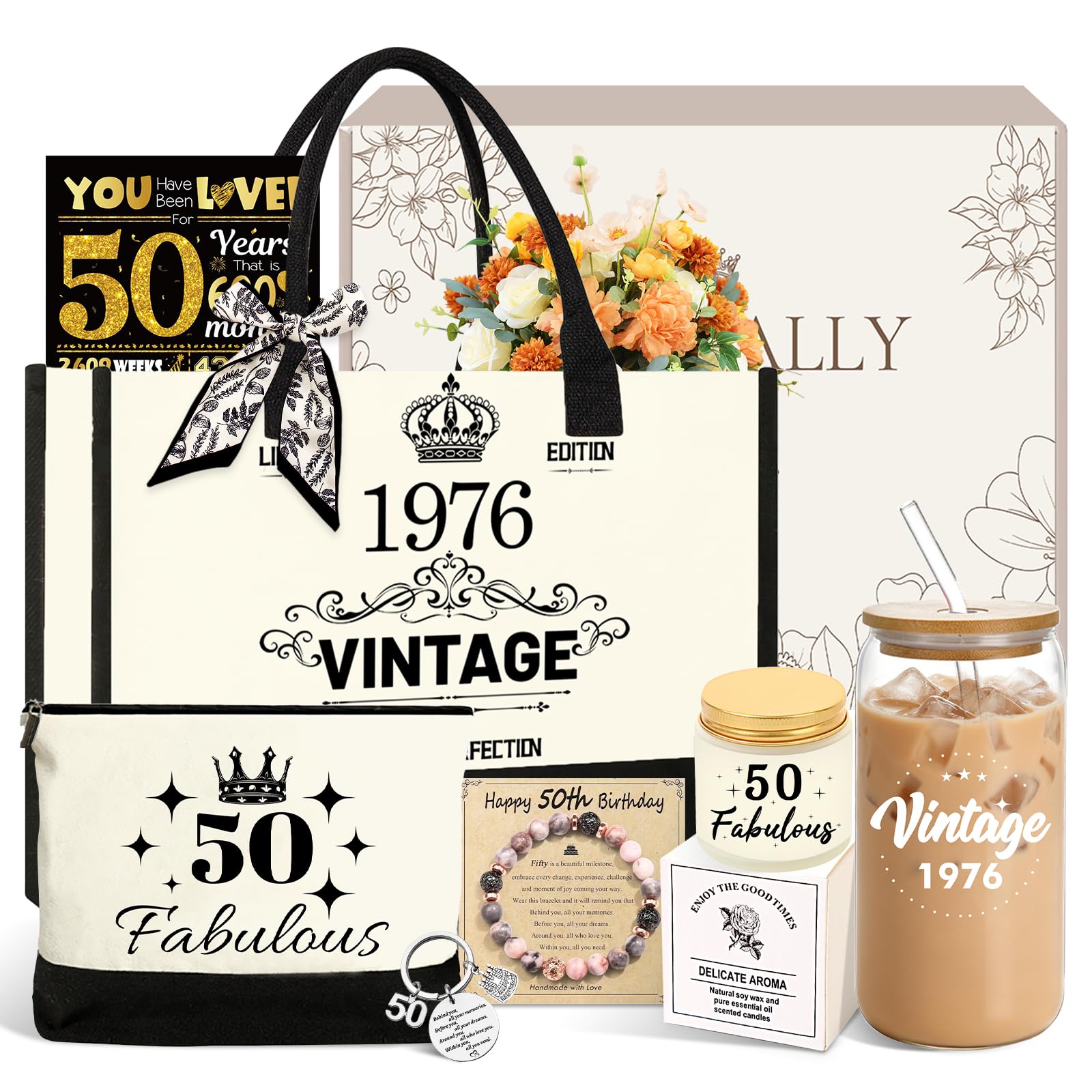 Tibimon 50th Birthday Gifts for Women, 1976 Tote Bag Set,Gift Ideas for Her