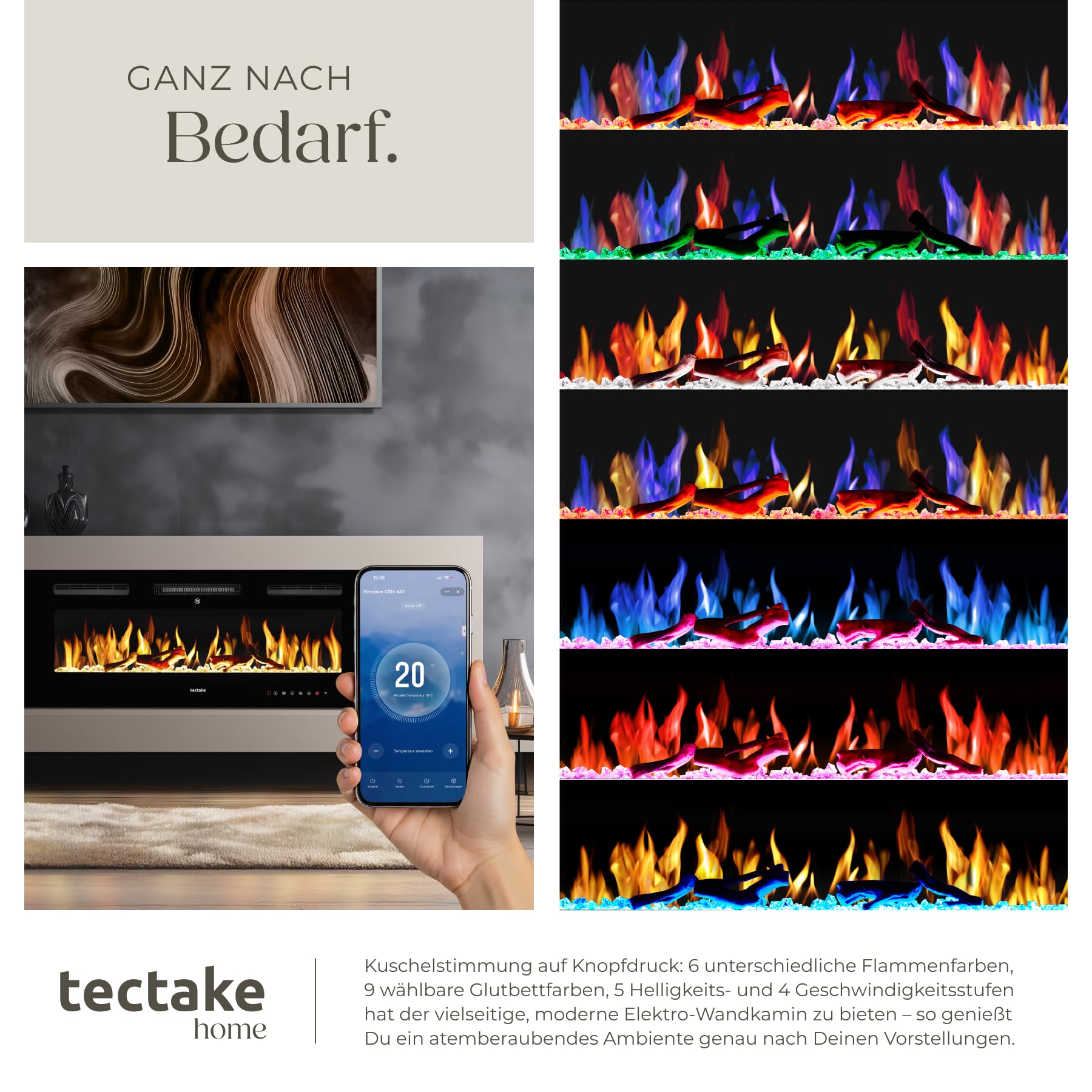 tectake® Elektrokamin Wand, elektrischer Kamin, 2 Heizstufen 900W/1800W, 3D Flammeneffekt, viele Farbeinstellungen, Kamin elektrisch mit Fernbedienung, App Steuerung, Thermostat - 106,5 x 12 x 43 cm