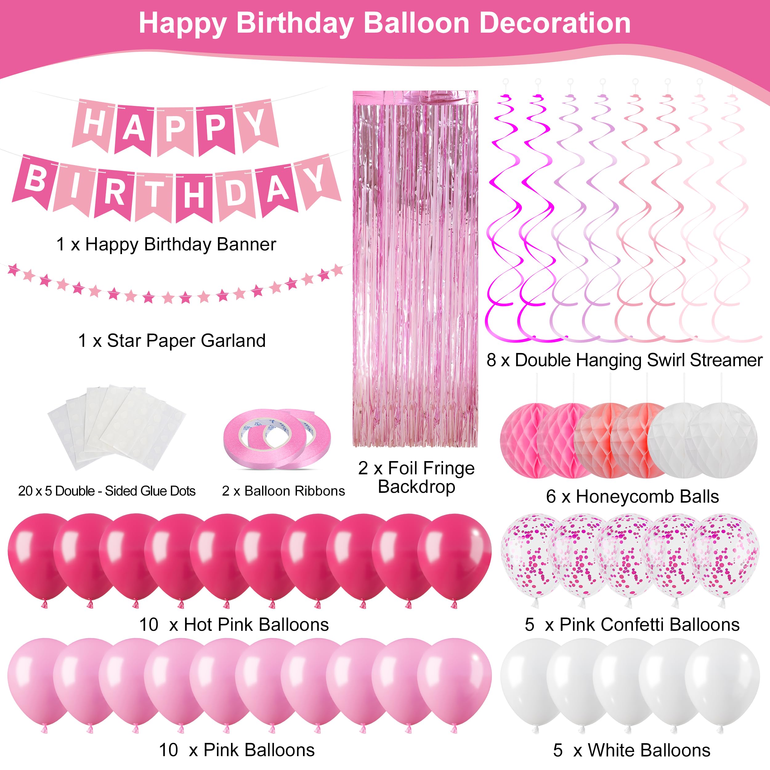 Pink Happy Birthday Decorations Kit for Women Girls Kids, Pre-Strung Birthday Banner Sign with Tissue Paper Poms, Star Garland, Balloons, Fringe Curtain, Hanging Swirls Streamers for Party Decor