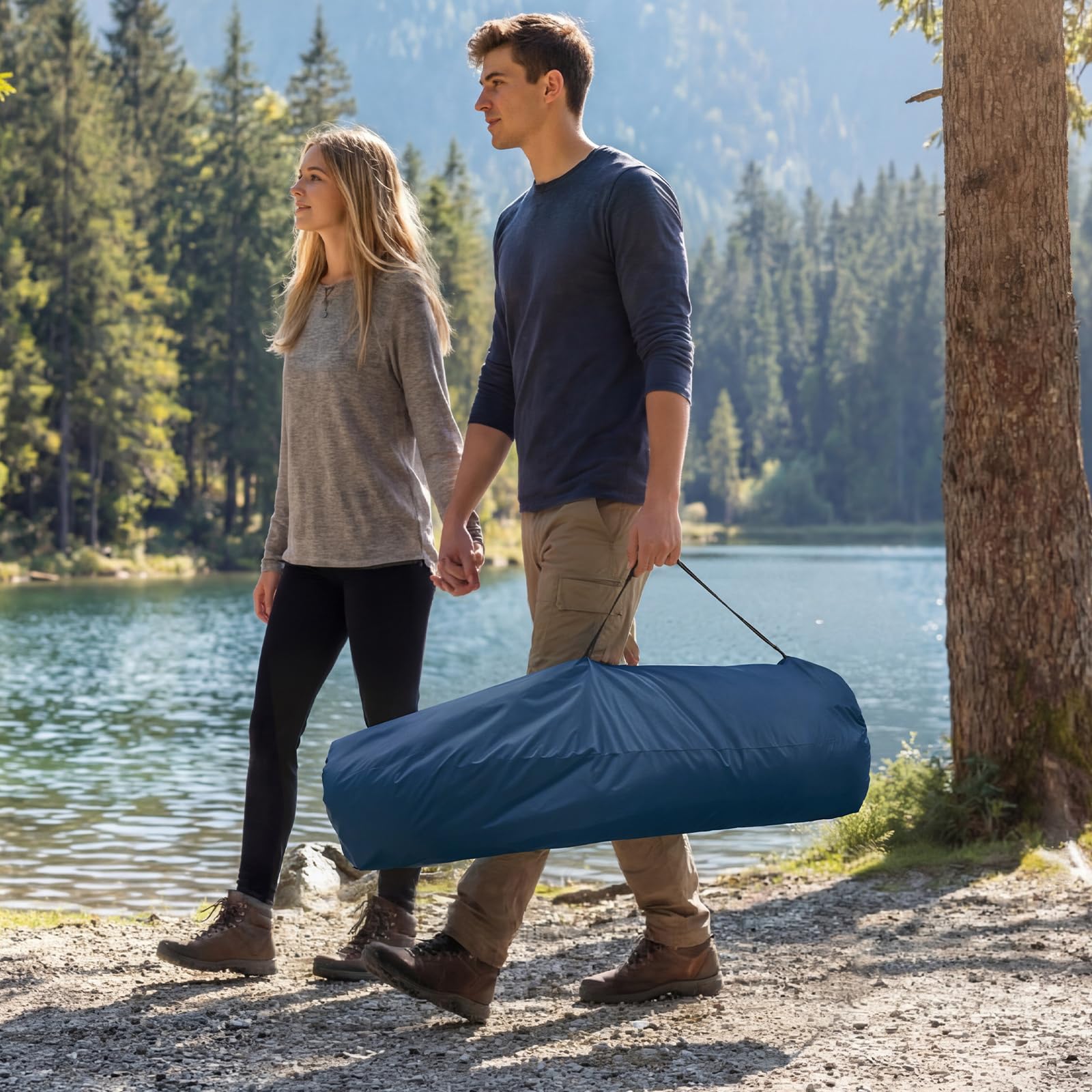 LARMNEE Sofá de Camping Plegable con 2 Portavasos, Sofá Doble de Camping, Ancho 50 cm, Silla Plegable con Carga de 200 kg, para 2 Personas, con Bolsa de Transporte, Pesca, Azul y Gris EBU03LC02