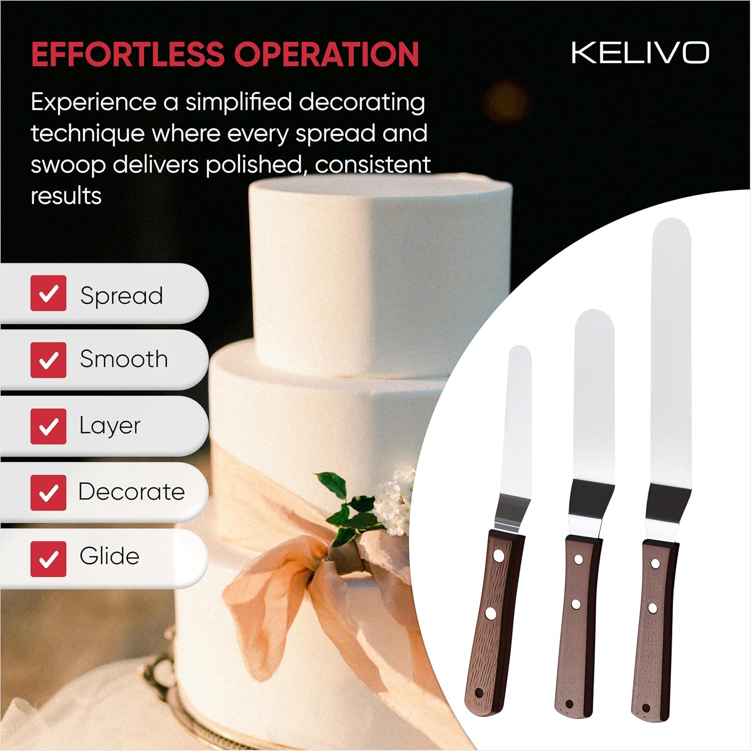 Offset Spatula Set of 3 Pcs - Icing Spatula with 4", 6", 8" Stainless Steel Blades - Cake Spatula Icing Smoother with Wooden Handle - Angled Frosting Spatula for Cake Decorating, Pastry & Baking