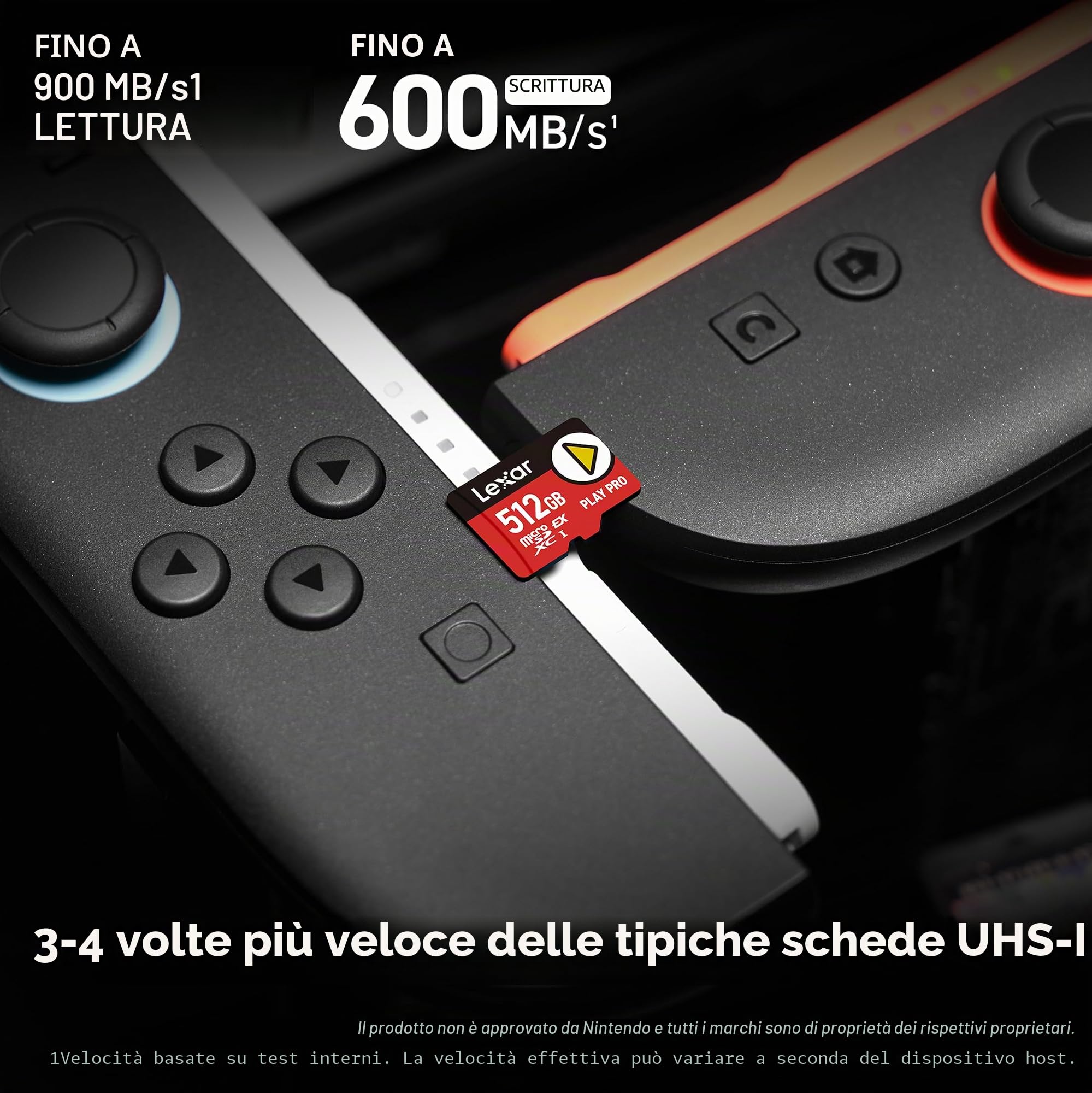Lexar Play Pro microSDXC Express Card da 512 GB, UHS-I, C10, U3, V30, A2, Full-HD, video 4K, fino a 900 MB/s in lettura, per Nintendo Switch 2, ASUS ROG Ally, Steam Deck, dispositivi di gioco | Compatibile con Nintendo Switch 2, retrocompatibile con dispo