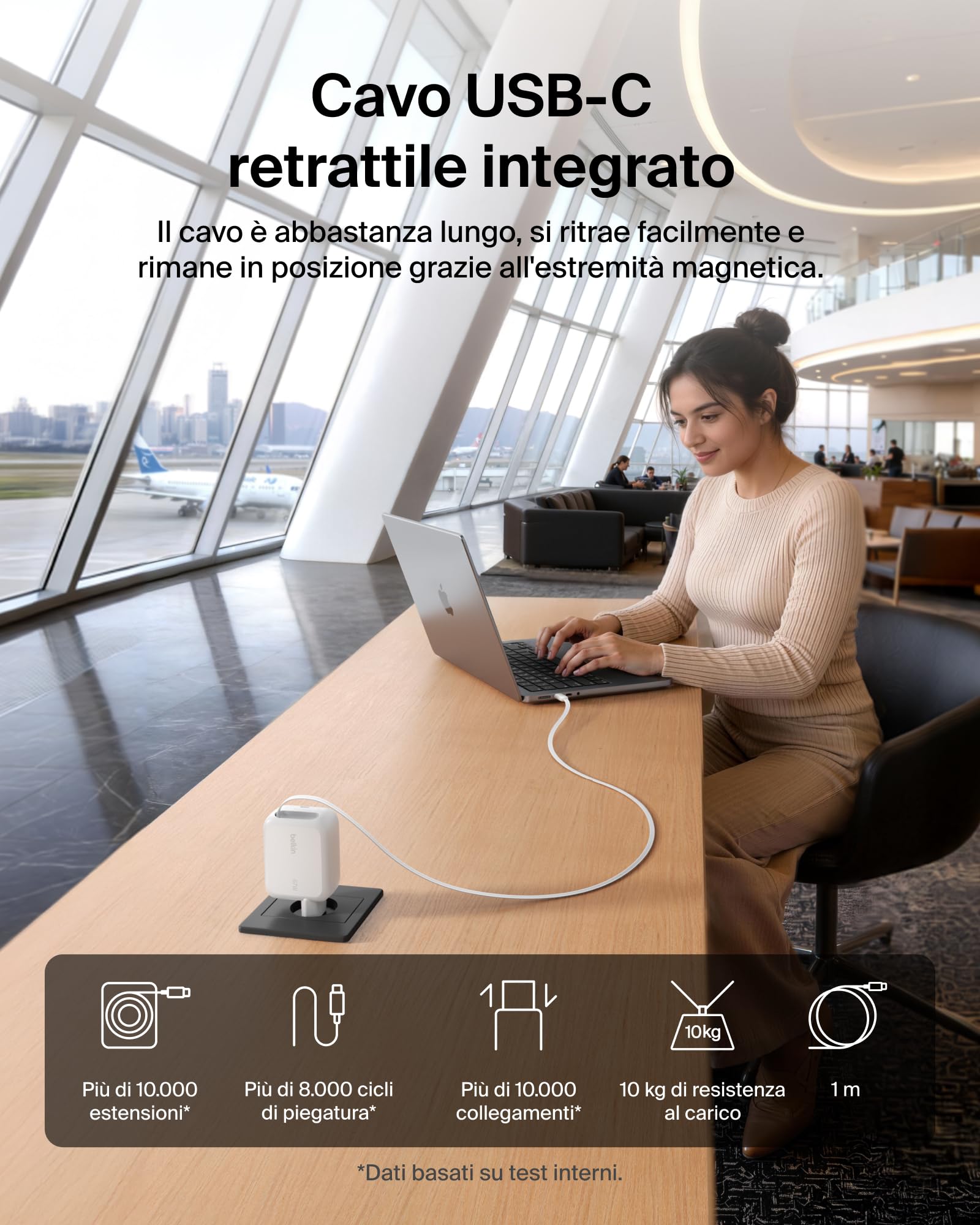 Belkin Caricabatterie USBC GaN 67W con Cavo USB-C Retrattile 1m e Porta USB C, Caricatore per iPhone, Ricarica Rapida per iPhone 17, 16 Series, Galaxy S26 Series, AirPods, Tablet, MacBook e Chromebook