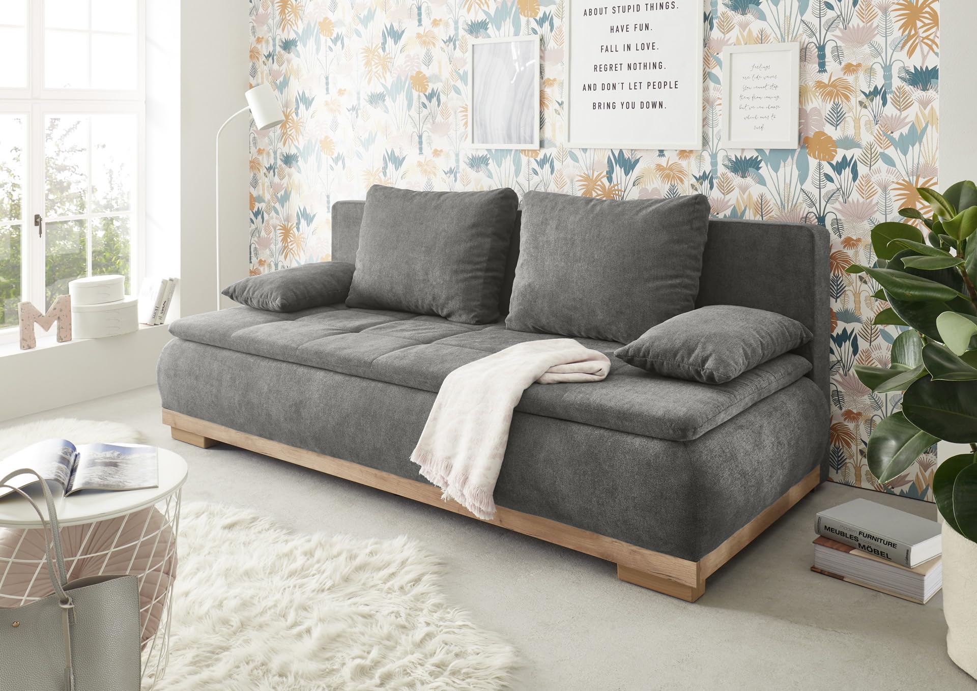 Stella Trading MILA Schlafsofa mit Bettkasten, Artisan Eiche Optik, Stone – 208 x 93 x 105 cm