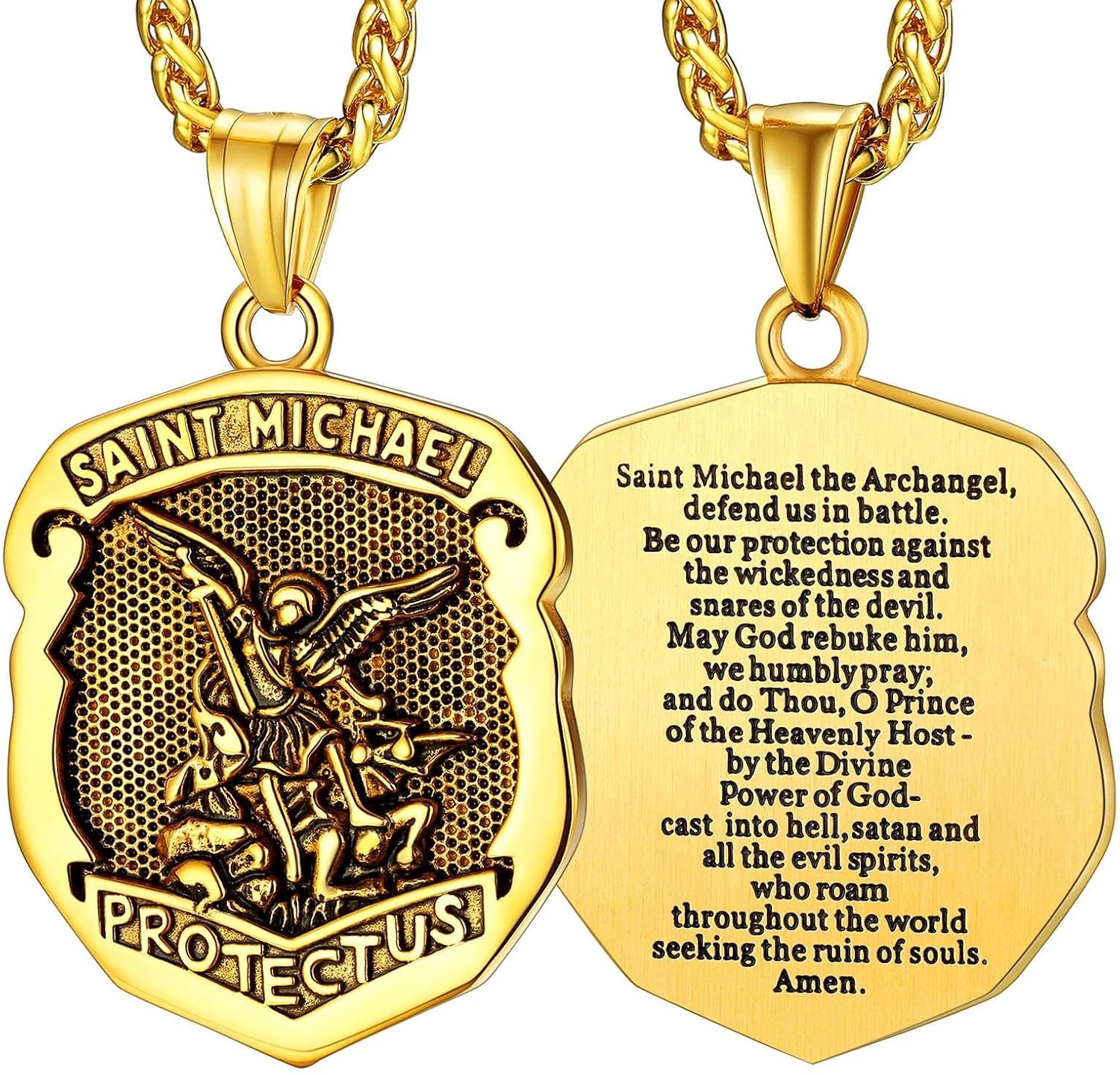 FaithHeart Saint Michael Necklace, Stainless Steel/18K Gold Plated St Michael the Archangel Pendant Amulet for Men Women with Gift Packaging