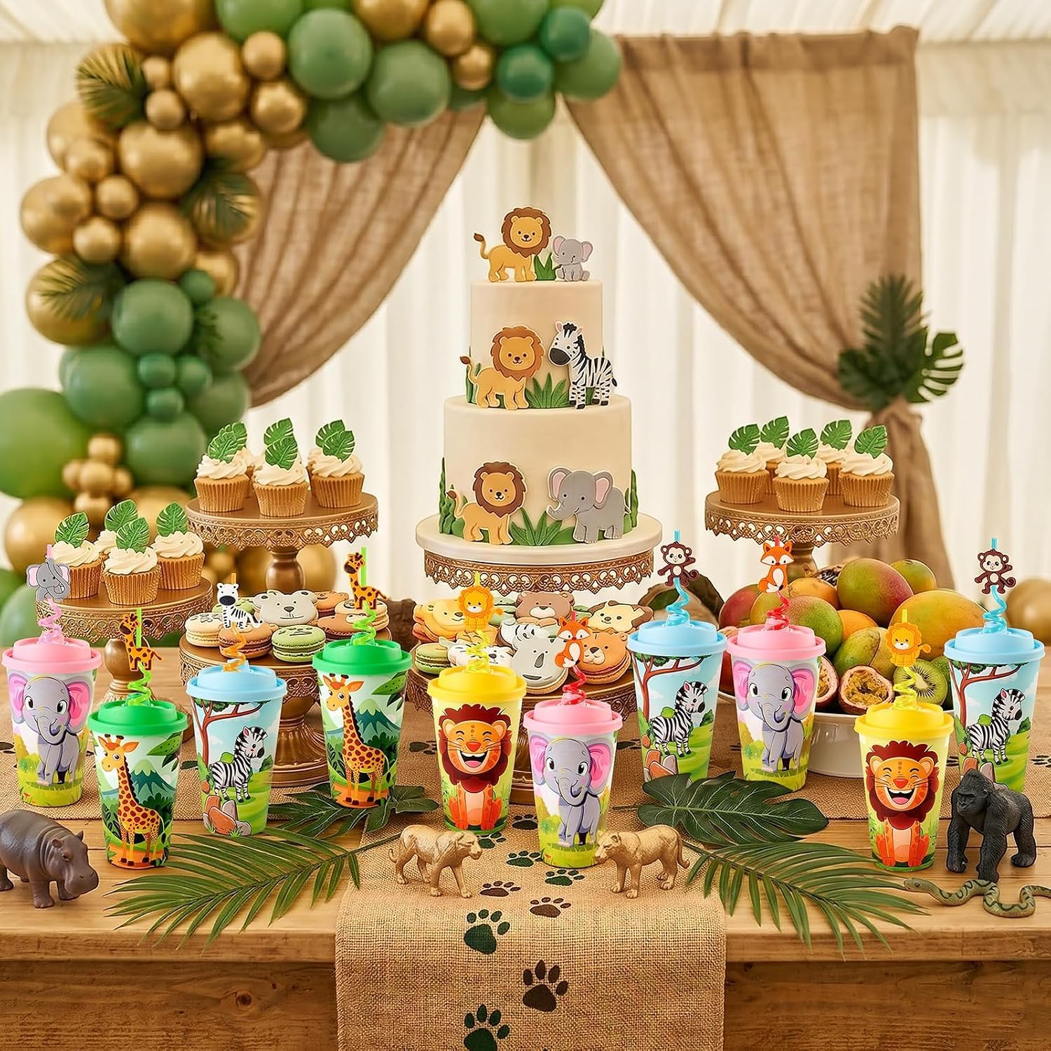 24 Sets Jungle Animal Party Favors Goodie Cups with Lids and Silly Straws for Birthday Decorations, 16oz Safari Animal Themed Birthday Supplies for Party Bags Gift Pinata Filler