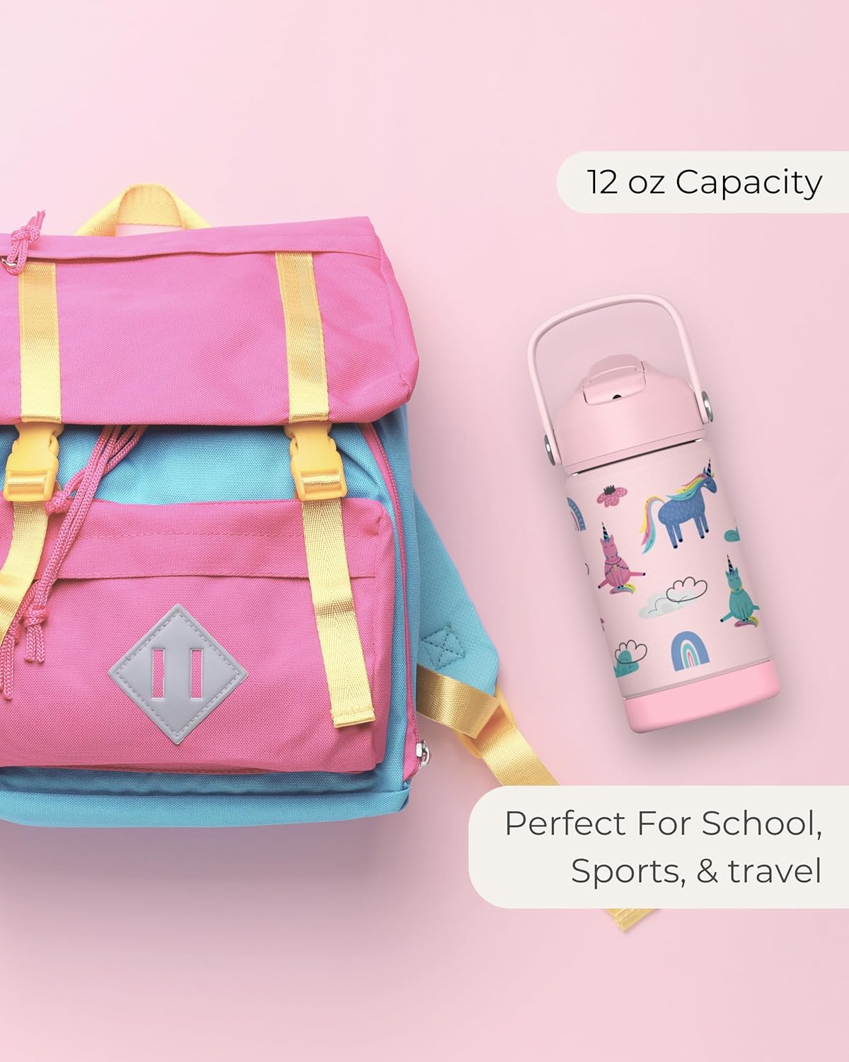 Hippypotamus Kids Water Bottle - Stainless Steel Vacuum Insulated -12 oz - Leak Proof Straw Lid & Soft Spout For Toddlers & Kids - (Pink Unicorn) - Image 6