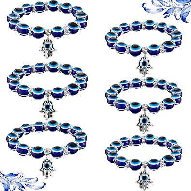 Yaomiao 6 Pieces Evil Eye Bracelet Hamsa Beaded Charm Stretch Bracelet Hand of Fatima Turkish Lucky Evil Eye Bracelet for Protection and BlessingBlue