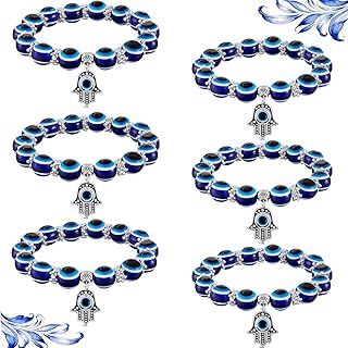 6 Pieces Evil Eye Bracelet Hamsa Beaded Charm Stretch Bracelet Hand of Fatima Turkish Lucky Evil Eye Bracelet for Protection and Blessing(Blue)