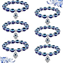 6 Pieces Evil Eye Bracelet Hamsa Beaded Charm Stretch Bracelet Hand of Fatima Turkish Lucky Evil Eye Bracelet for Protection and Blessing(Blue)