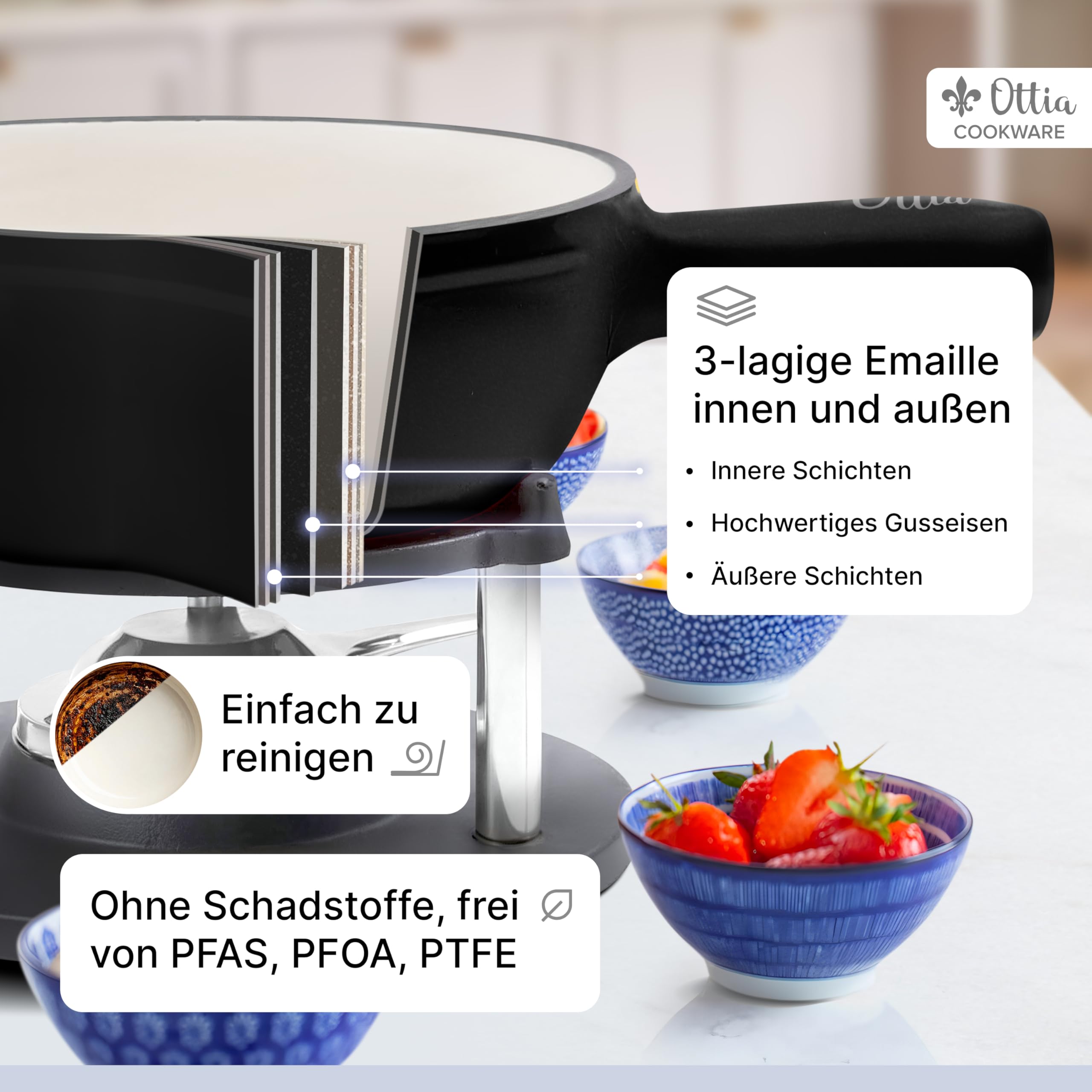 Ottia HH Service à fondue en fonte et émail pour 2, 3, 4, 5, 6 personnes Convient pour fondue au fromage, à la viande, au chocolat, sans substances nocives, avec brûleur, fourchettes et livre de