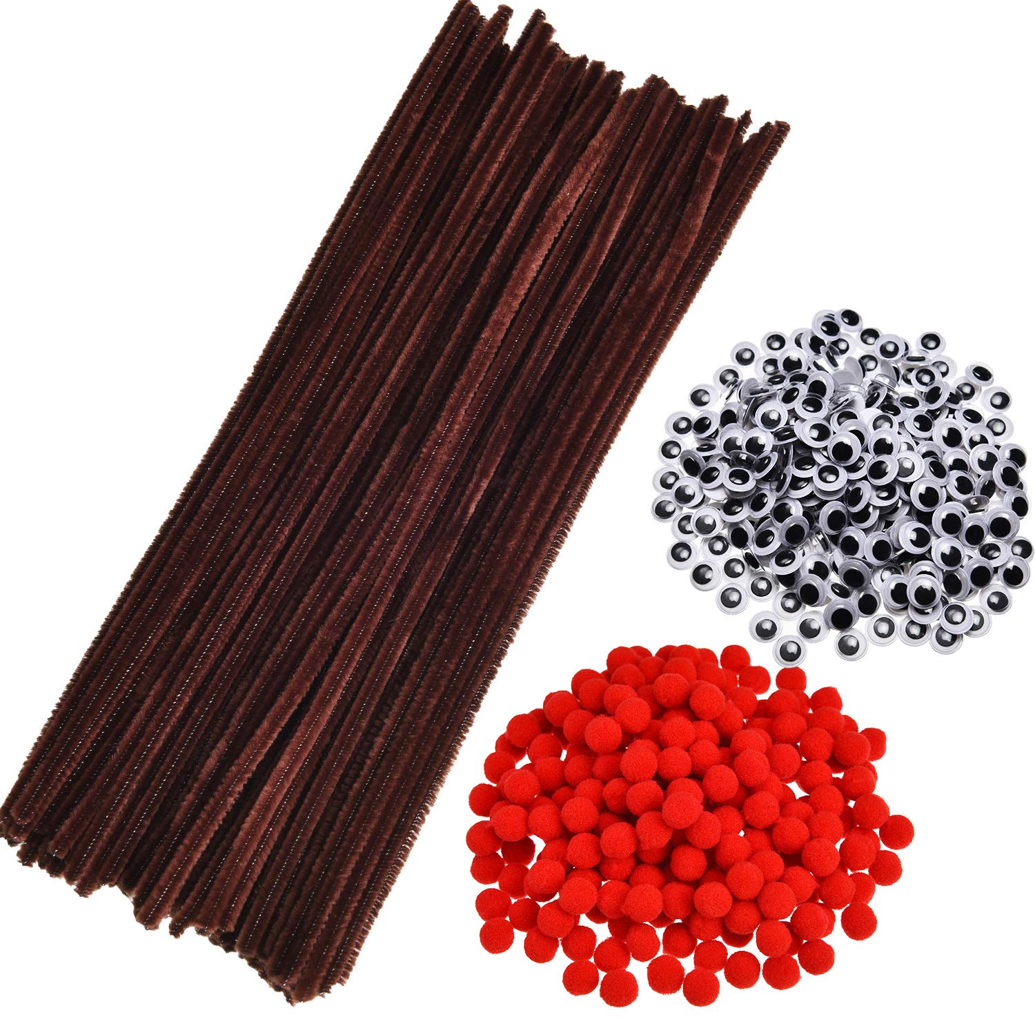 Kit Créatif 350 Pièces : 100 Fils Chenille Marron, 150 Pompons Rouges, 100 Yeux Mobiles - Loisirs DIY, Décoration Noël