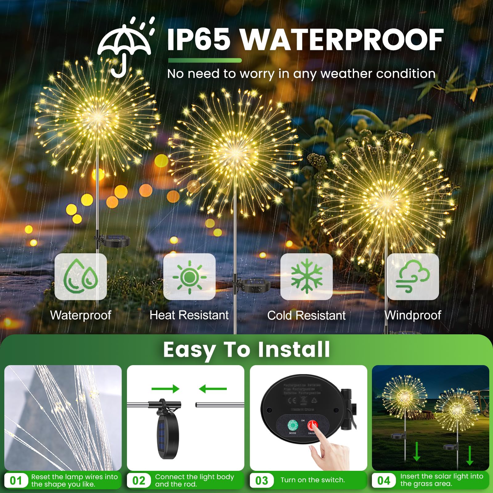 Set van 4 solarlampen voor de tuin, paardenbloem, vuurwerk, 120 leds, 8 modi, Starburst Light, tuinlamp, waterdicht, voor gazon, patio, tuin, feest, achtertuin, decoratie, warm wit