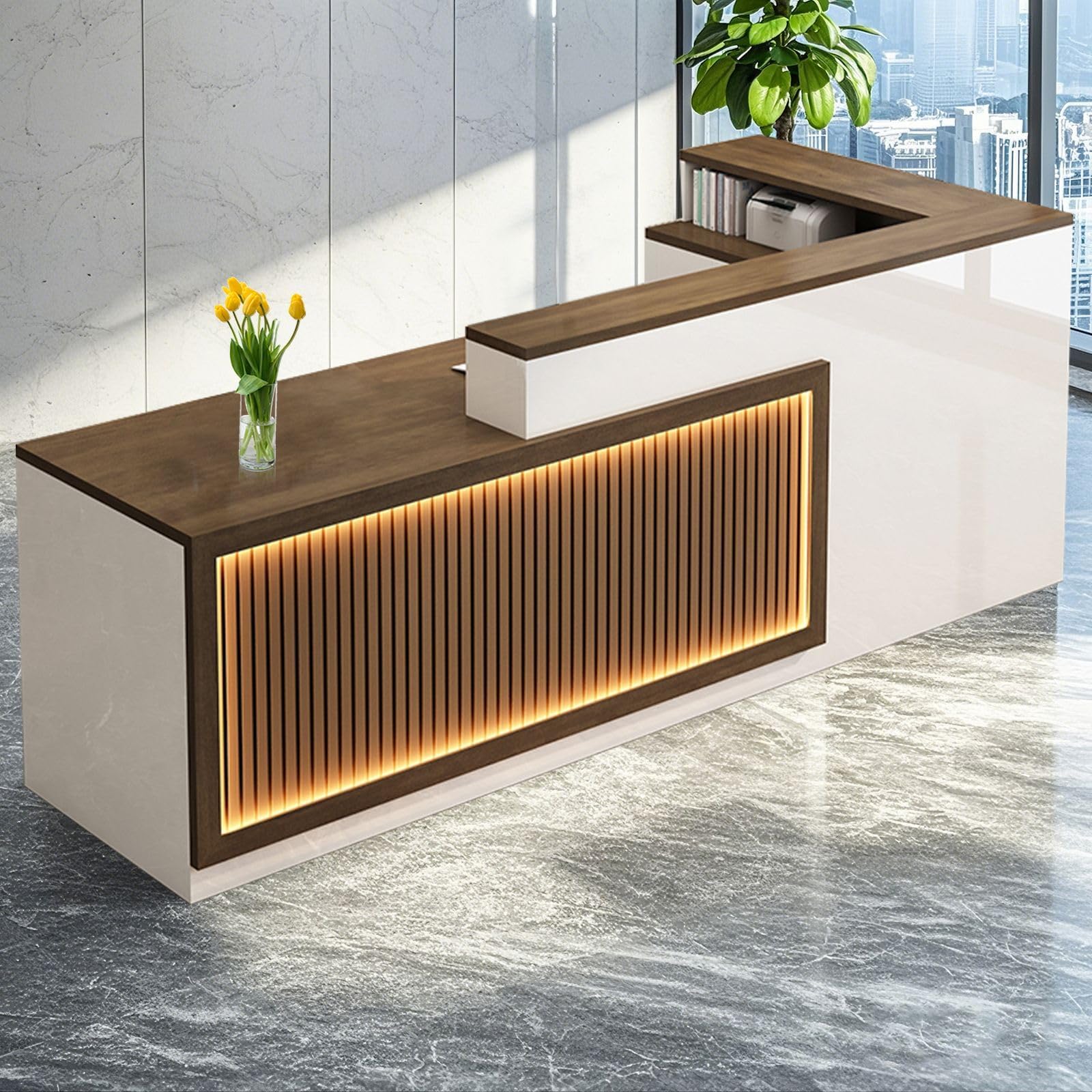 L Shaped Reception Desk, Solid Wood Front Desk with Counter & Lockable Drawers, Retail Checkout Customer Service Counter for Home Office Lobby Store,(Walnut,63in-Left)