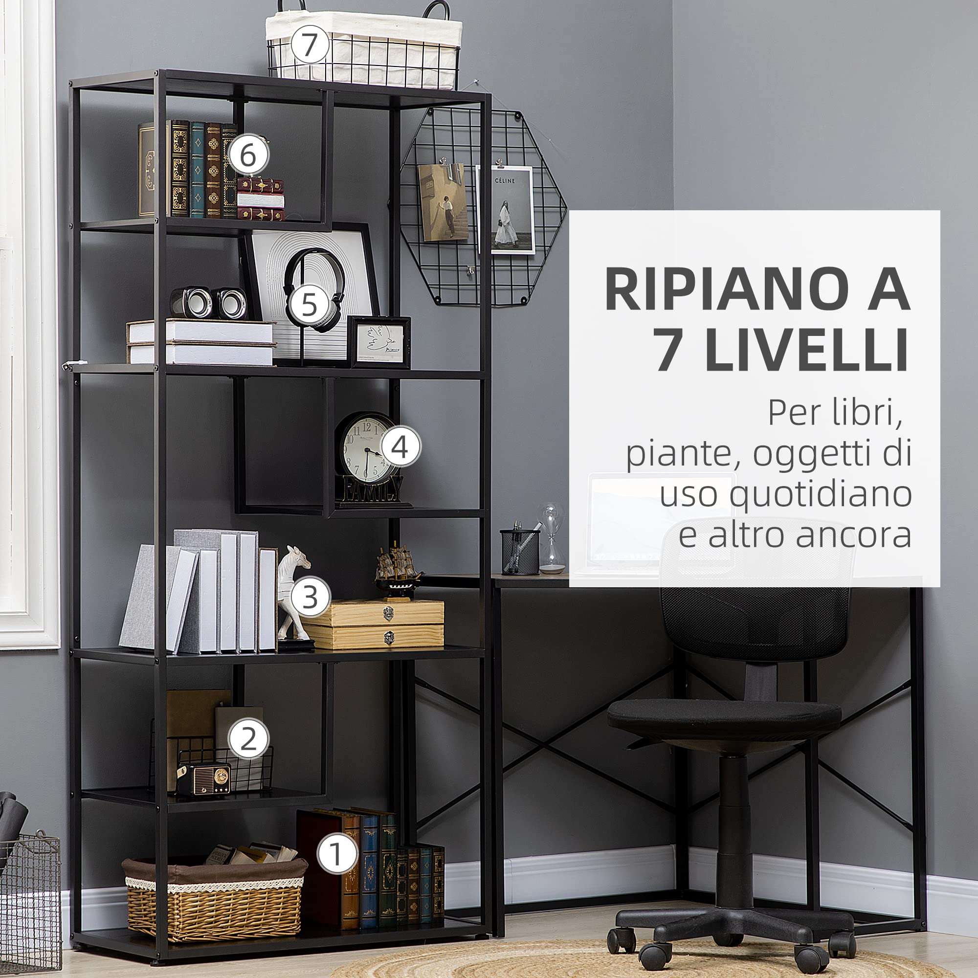 HOMCOM Libreria Scaffale a 7 Ripiani, Libreria Verticale Salvaspazio, Struttura in Acciaio, Scaffale Portaoggetti per Soggiorno Camera da Letto Ufficio Studio, Industriale, 83x34x180 cm, Nero