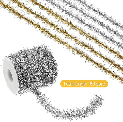 Vista 6 de Xinnun Guirnalda de oropel de Navidad de 60 yardas, guirnalda de oropel metálica fina con purpurina colorida para Navidad, boda, fiesta de Dorado