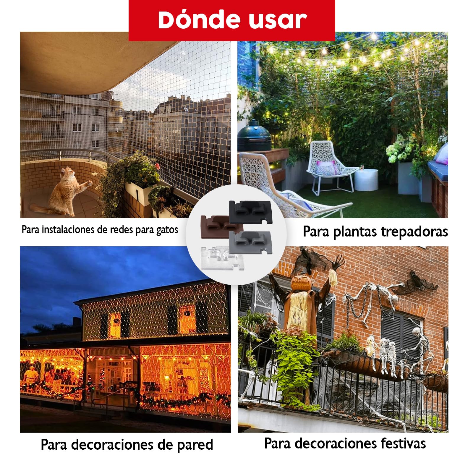 Konzept 11 Ganchos red gatos 70 u. con adhesivo 60 ml, ideales para redes de balcón, color transparente, sin necesidad de taladrar, para uso en exteriores e interiores.