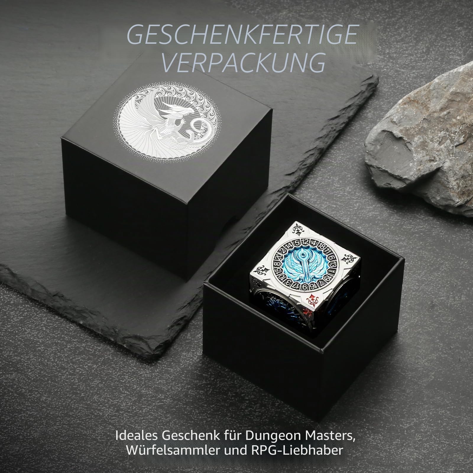 DNDND 7-in-1 Spinner Würfel mit Geschenkbox - Goristro und Couatl Themed D&D Collector's Set für TTRPG, für Dungeon Masters und Spieler (Silber & Blau)