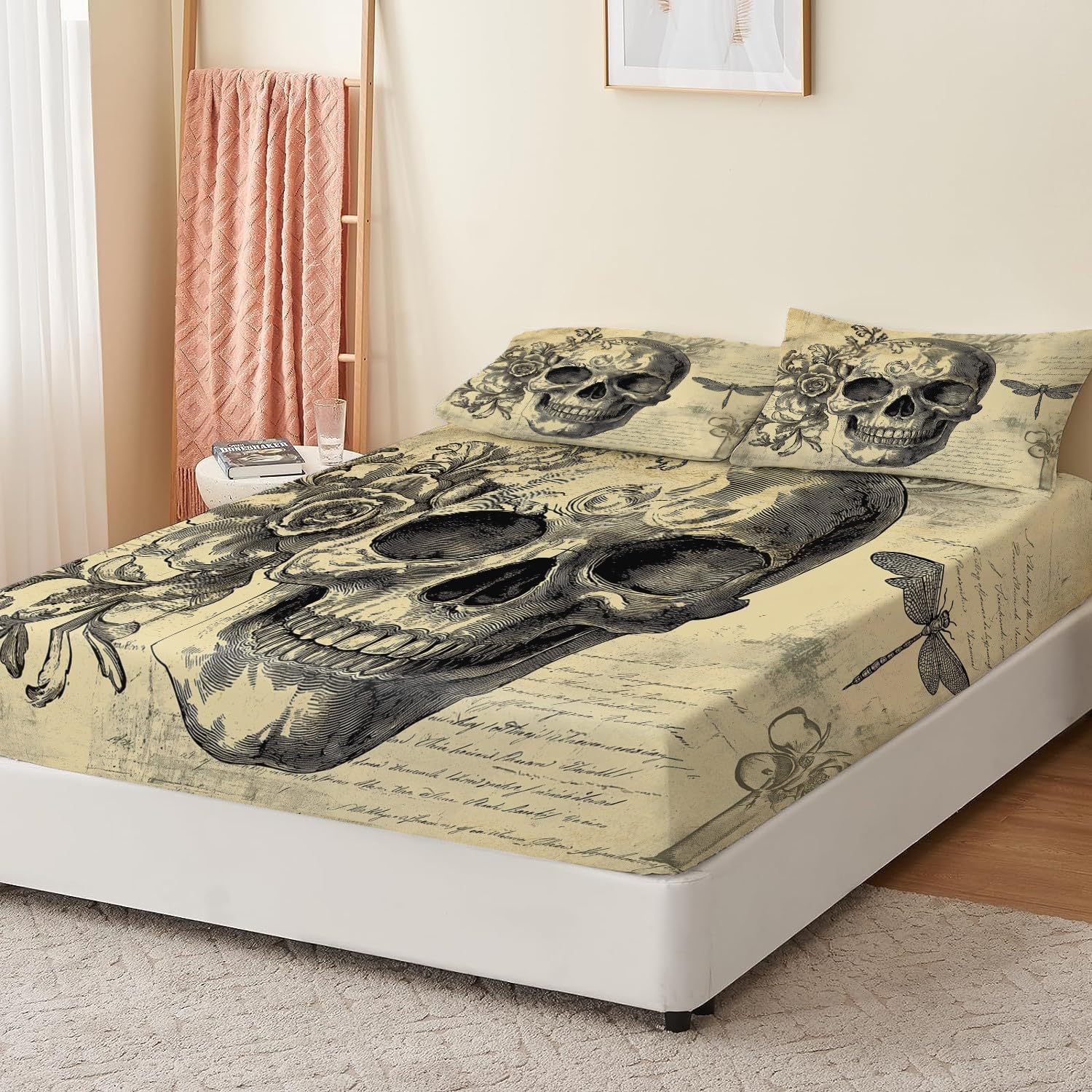 Lenzuolo con angoli 160 x 200 cm Teschio in stile gotico Biancheria da letto 3 pezzi con angoli stampati Colore Lenzuolo Lenzuolo con angoli extra profondo con federe
