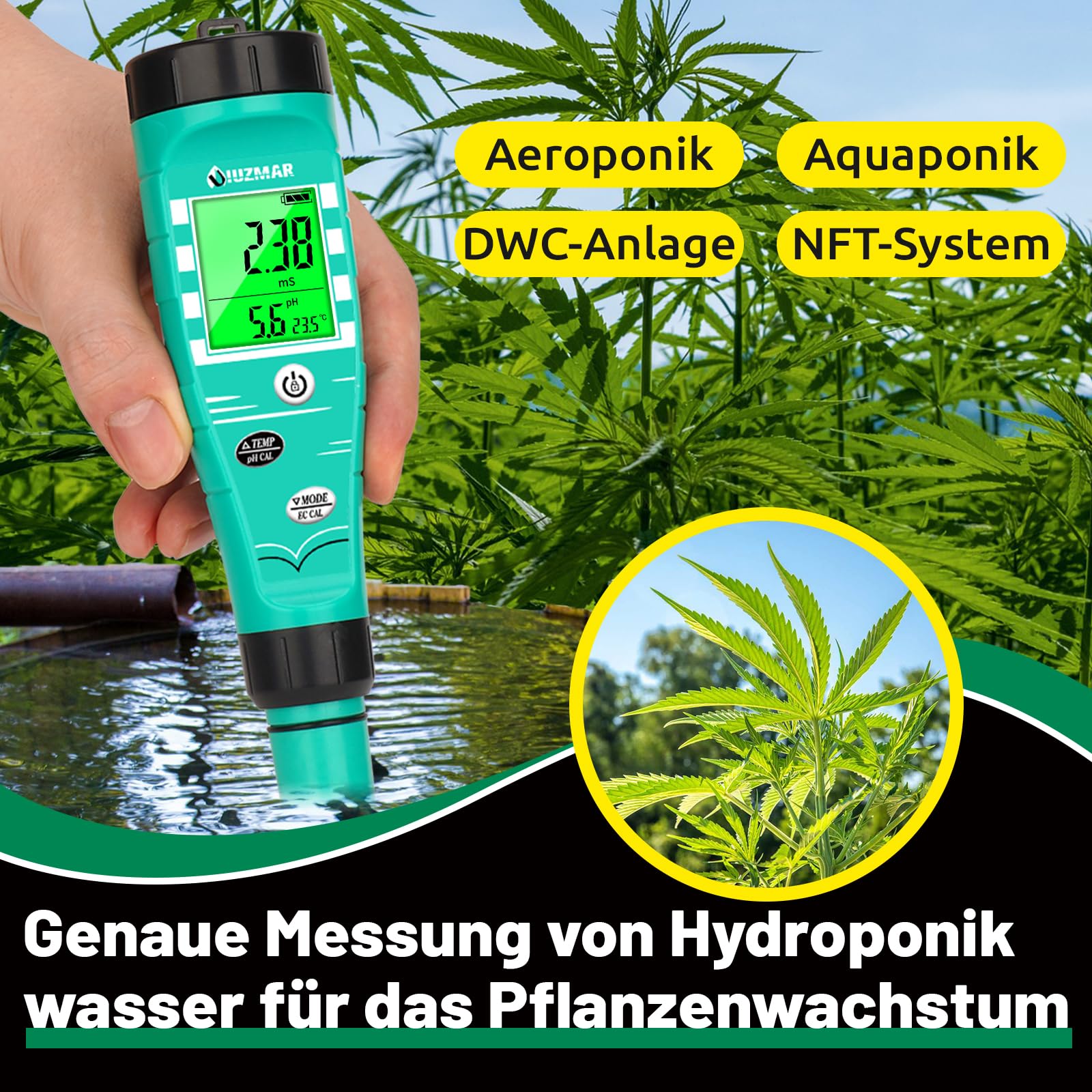 UIUZMAR pH Wert Messgerät Hydroponik, pH EC Messgerät Grow, PPM pH Messer für Wasser Hydroponik, Gleichzeitige Messung von pH EC TDS Temperatur für DWC, Aeroponic, Aquarium, Fischteich