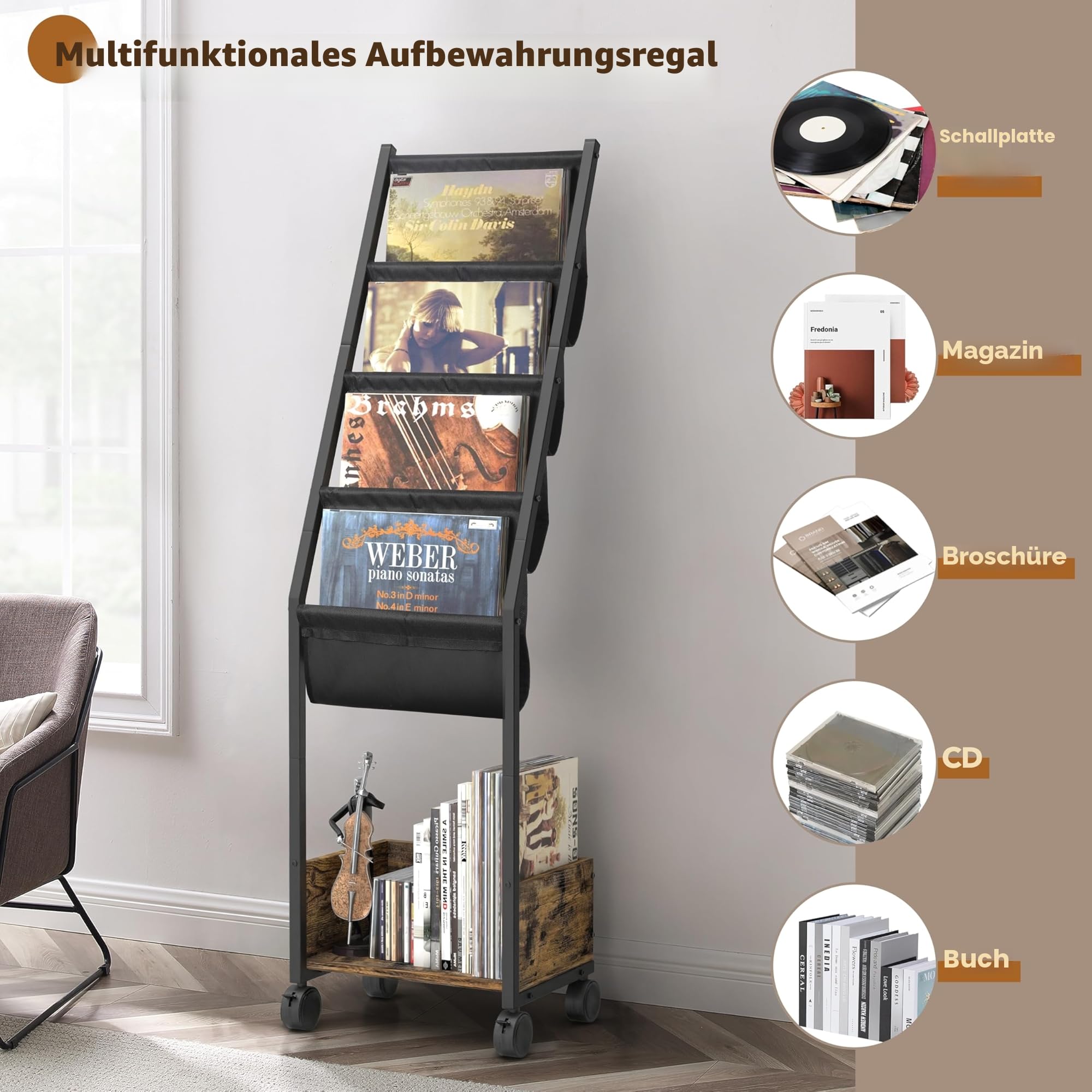 Schallplattenständer Vinyl Schallplattenhalter Bis zu 150 Alben Schallplatten Aufbewahrung Mit 4 -Tier Schallplattenhalter für Vinyl-Schallplatten, Plattenspieler Ständer Beistelltisch Nachttisch