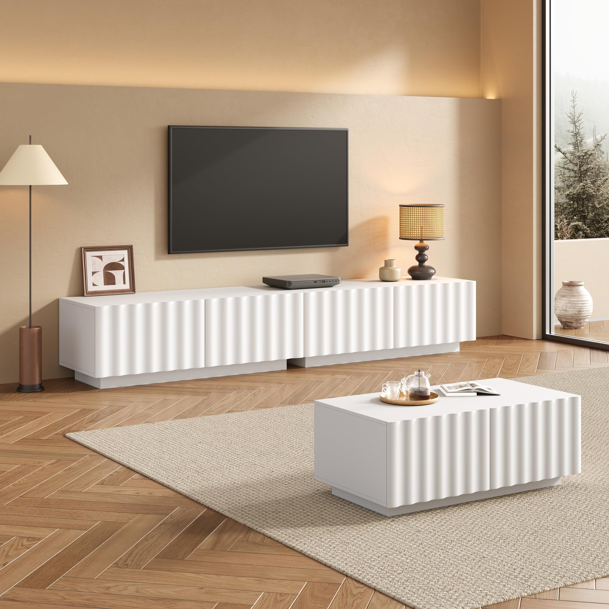 Wohnzimmer-Set mit Wellenoptik, TV-Schrank + Couchtisch, modernes Stauraumset,stabil und praktisch (Weiß)