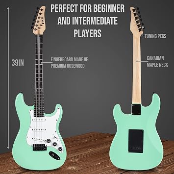 LyxPro 39 inch Electric Guitar Kit Bundle with 20w Amplifier, All Accessories, Digital Clip On Tuner, Six Strings, Two Picks, Tremolo Bar, Shoulder Strap, Case Bag Starter kit Full Size - Green