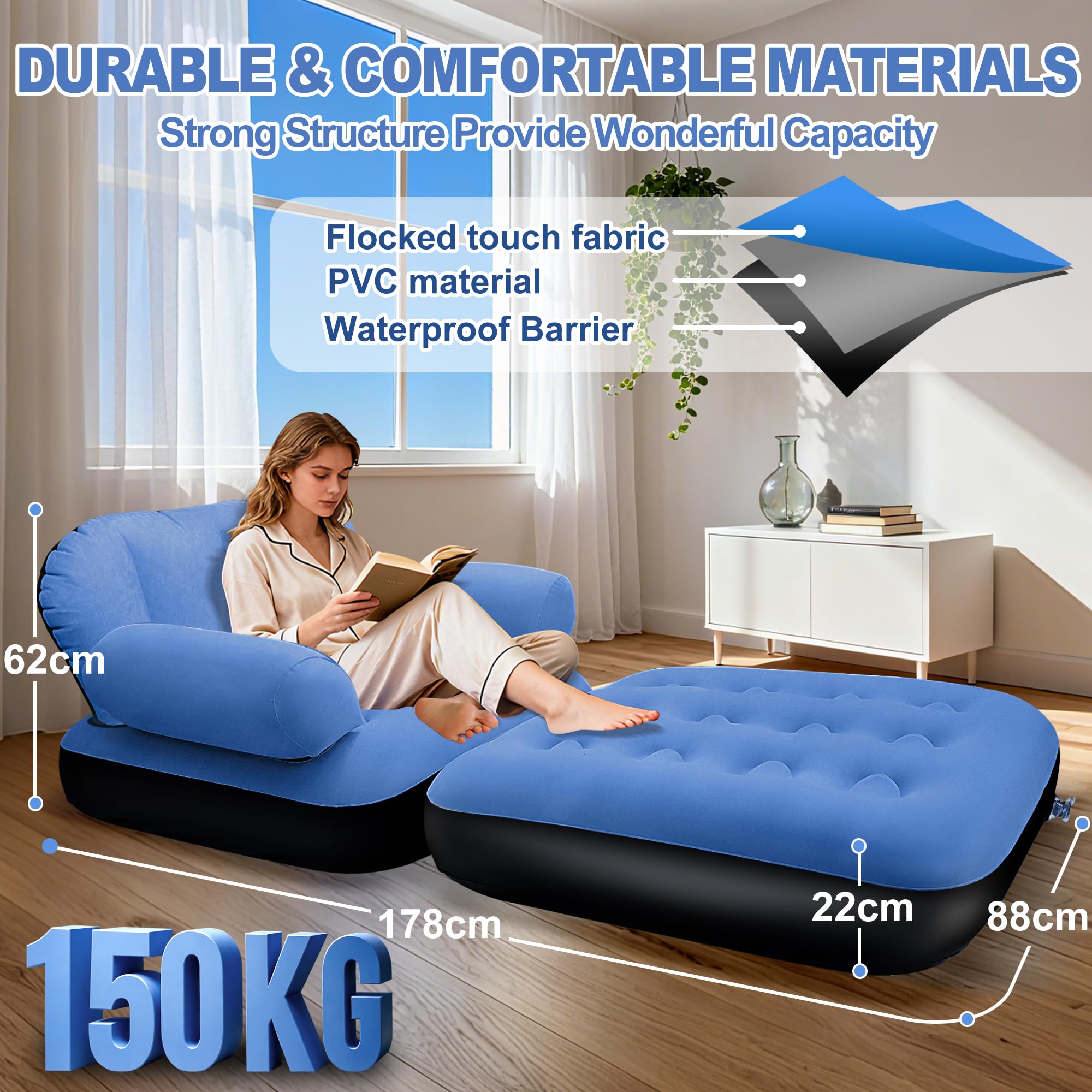 ChlorBlu Poltrona Gonfiabile con Testiera, Divano Letto Gonfiabile da Esterno Interno, Sedie Gonfiabili Pieghevoli per Adulti, Divano Gonfiabile con Superficie Floccata, Poltrona Gonfiabile Portatile