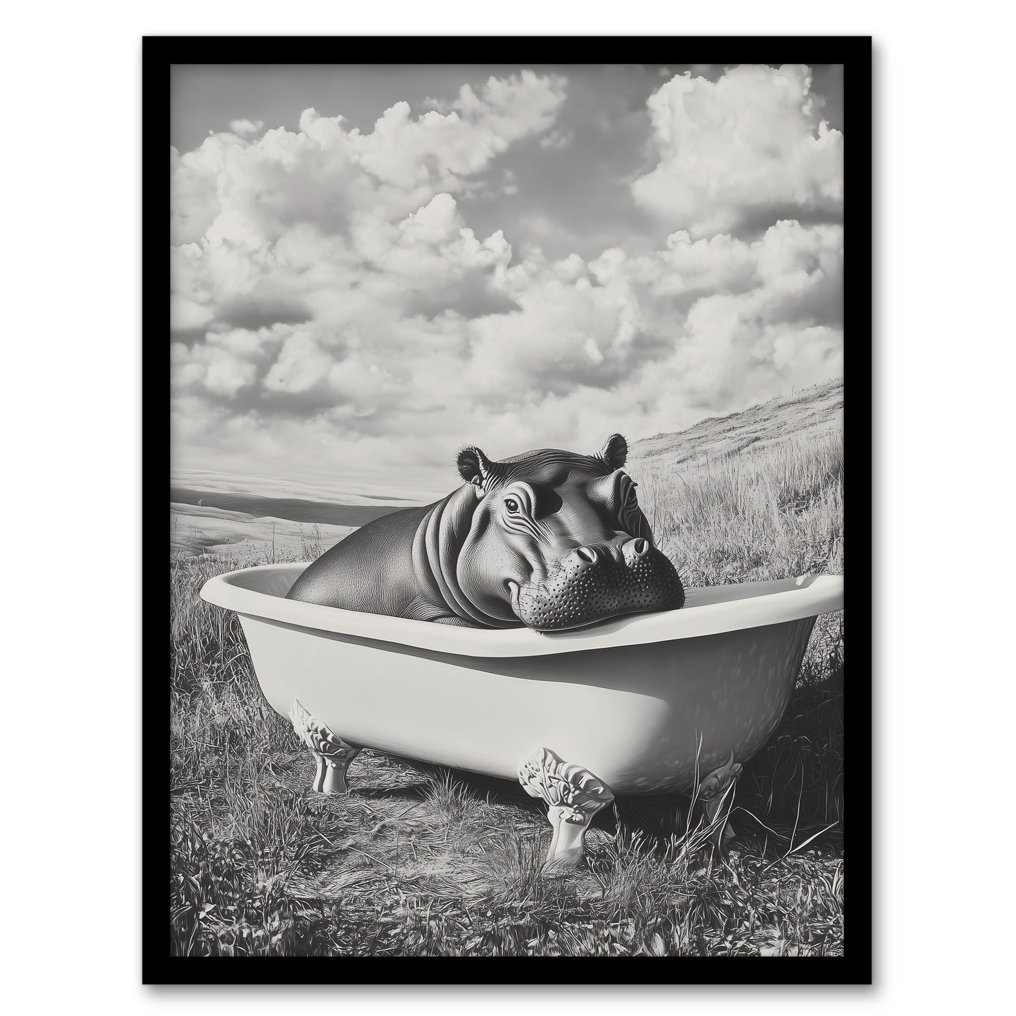 Artery8 Baby Hippo in Bathtub Black White Surreal Bathroom Toilet Artwork Framed Wall Art Print A4