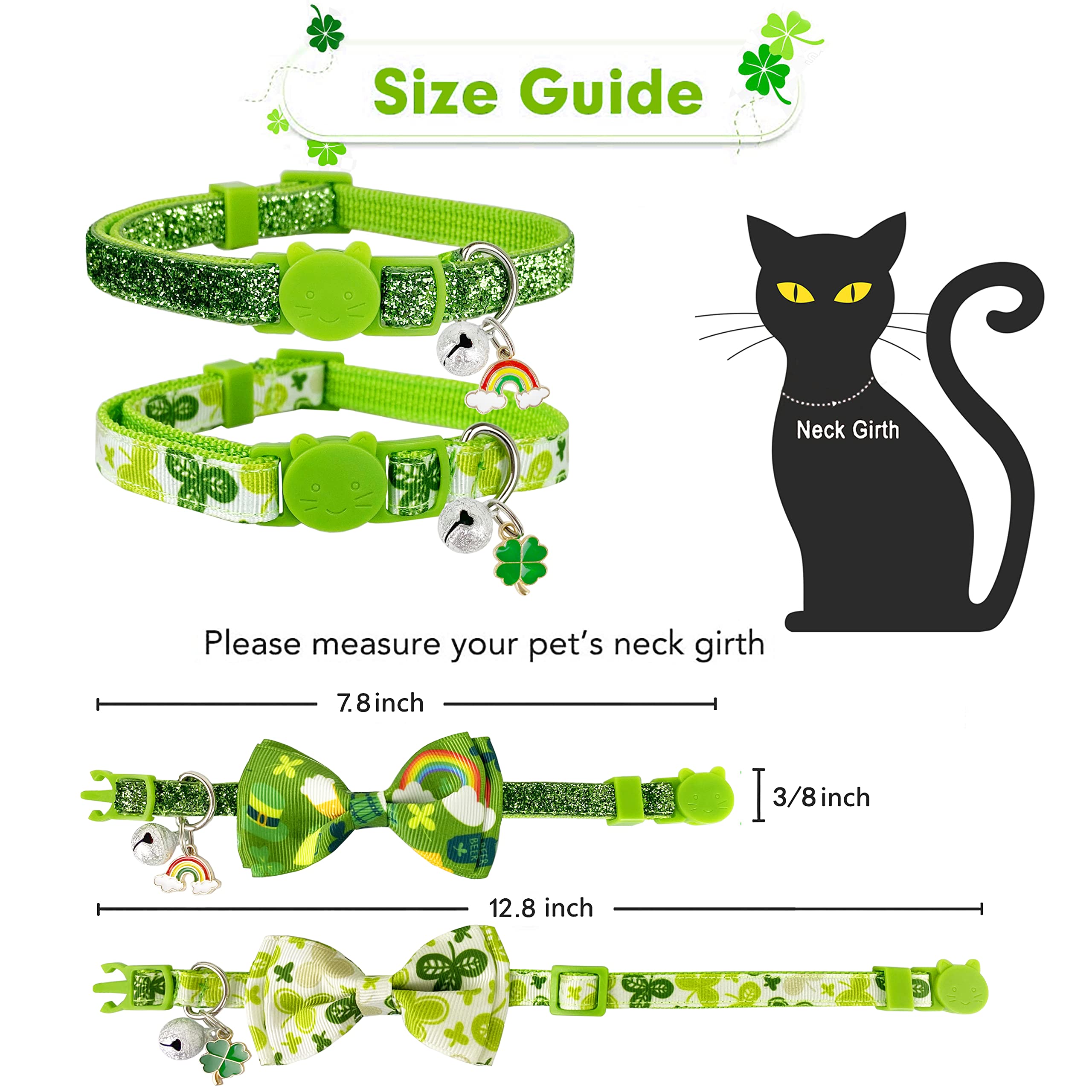 St. Patrick's Cat Halsband mit Fliege und Glöckchen, für Mädchen und Jungen, 2 Stück