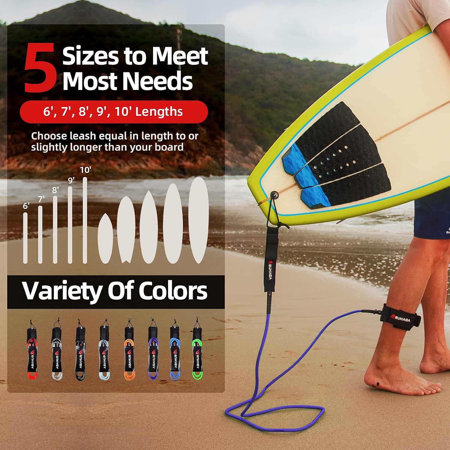 Abahub Premium Surfboard Leash, 6/7/8/9/10 ft, Straight Surf Board Leashes, 6/7mm Legrope Strap for Shortboard, Skimboard, Fishboard, Longboard, Paddleboard, SUP Replacement Leg Rope, 8 Colors