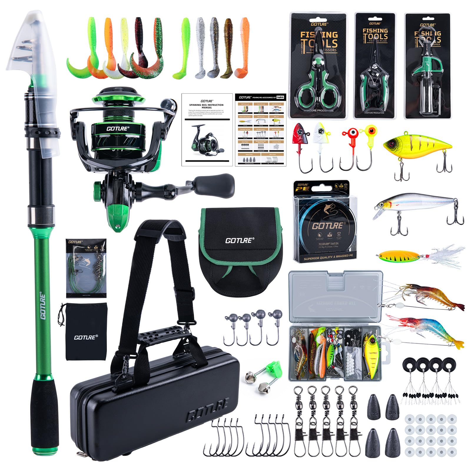 Goture Fishing Rod and Reel Combos with Hard Case Bag, Green Telescopic Pole B Spinning Reel Lures Set, Telescopic Fishing Rod Fishing Kit for Travel Saltwater Freshwater 2.7M