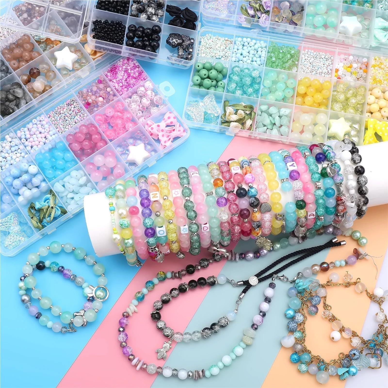 Cuentas de cristal esmerilado, 2 cajas de cuentas de vidrio para hacer joyas, pulsera de cristal, cuentas de resina, suministros de cuentas, aretes y collar (03LanFen)