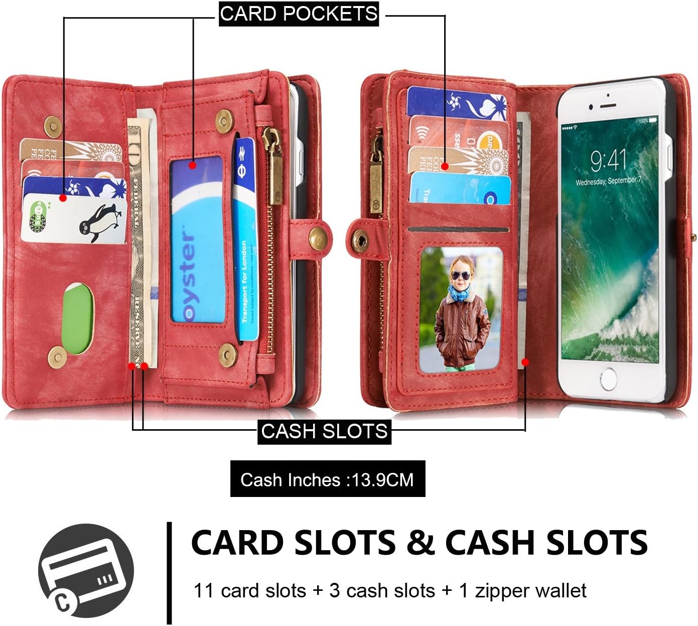MOONORN iPhone 7 Plus/iPhone 8 Plus Wallet Case - Detachable Leather Phone Wallet Magnetic Flip Case Shockproof Cell Phone Case with Credit Card Slots (Red)