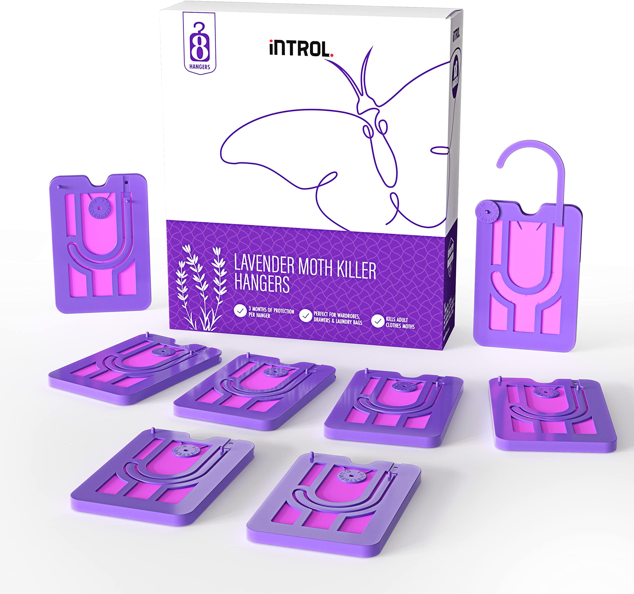 INTROL Lavender Moth Killer Hangers - Large 8 pack - Moth Wardrobe Repellent - Kills Moths Larvae and Eggs - Made in UK
