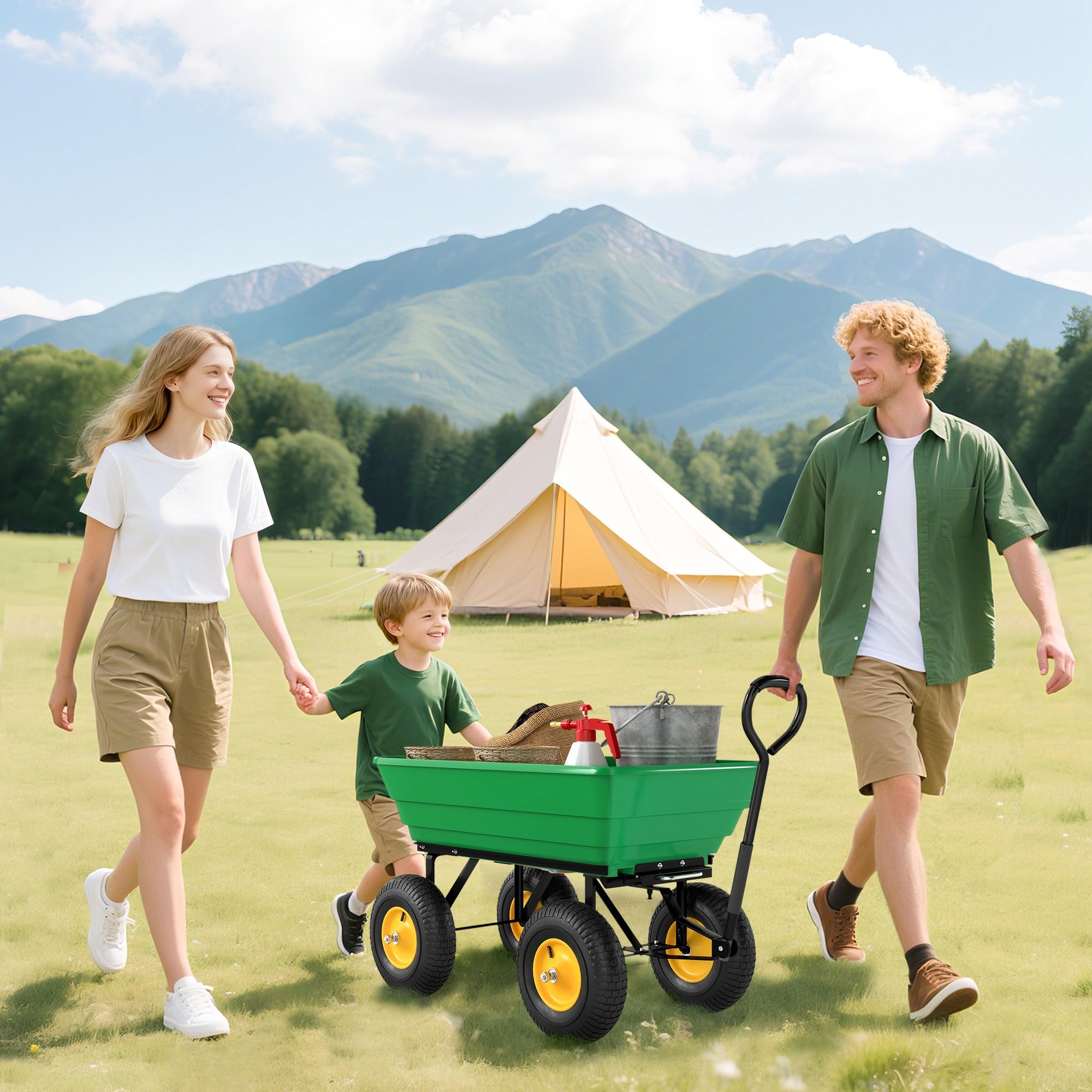 Outsunny Carrello da Giardino 75L in Acciaio e PP con Vasca ribaltabile e Maniglia da Trasporto, 109x52x94 cm, Verde Scuro