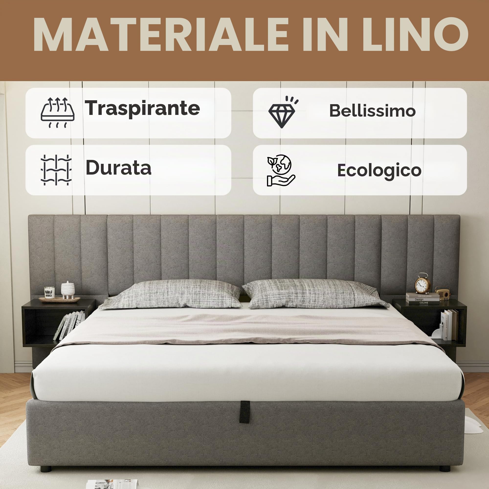 Moimhear Letto imbottito 160 x 200 cm, letto idraulico largo con due comodini con vano portaoggetti, adatto per adulti e ragazzi, rete a doghe in legno, facile montaggio, lino (160 x 200 cm)