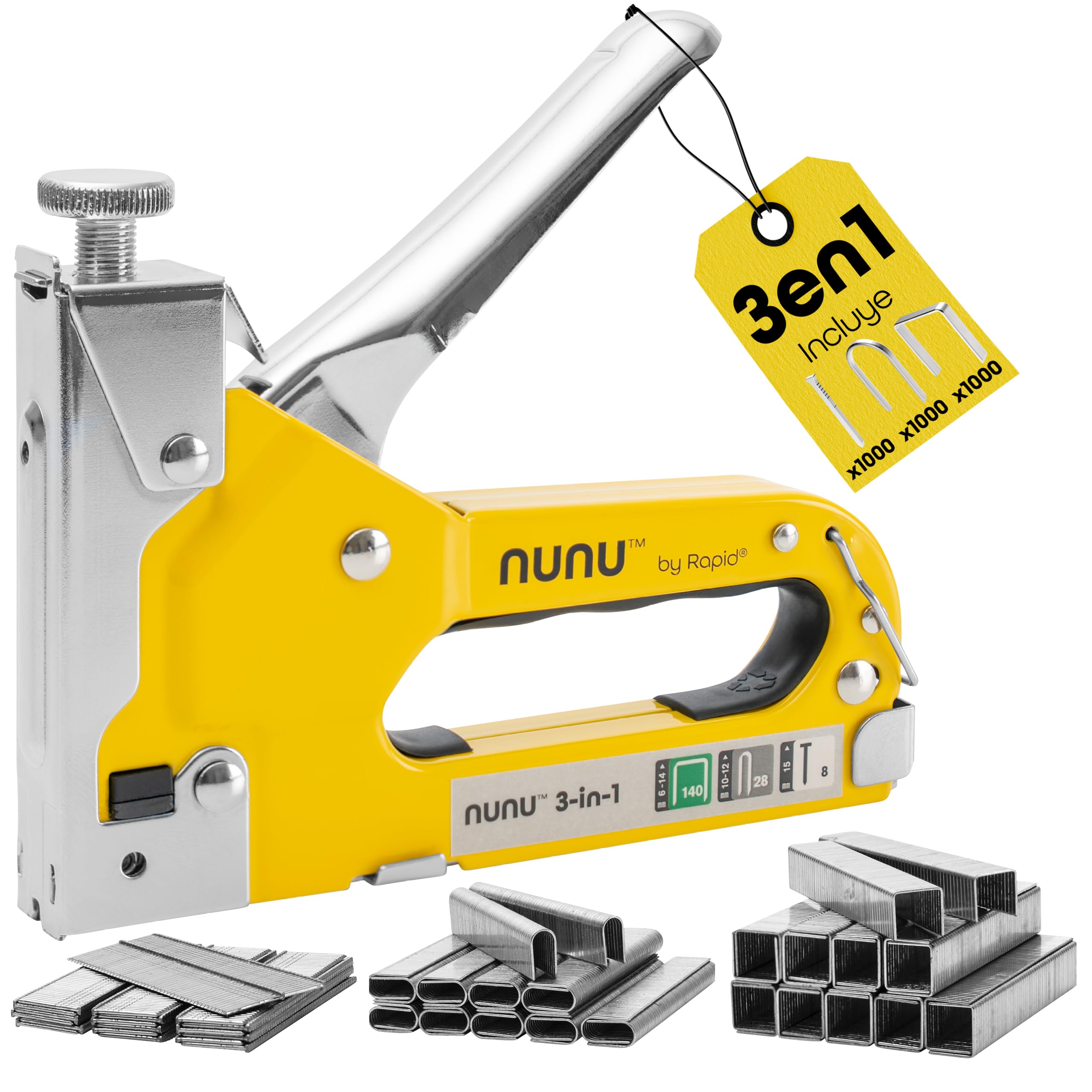 Rapid NUNU 3-in-1 Manual Wood Stapler with 3,000 Staples and Nails, Professional Stapler for Upholstery, Walls, Carpet and Cable Attachment, Adjustable Power, Ergonomic Design